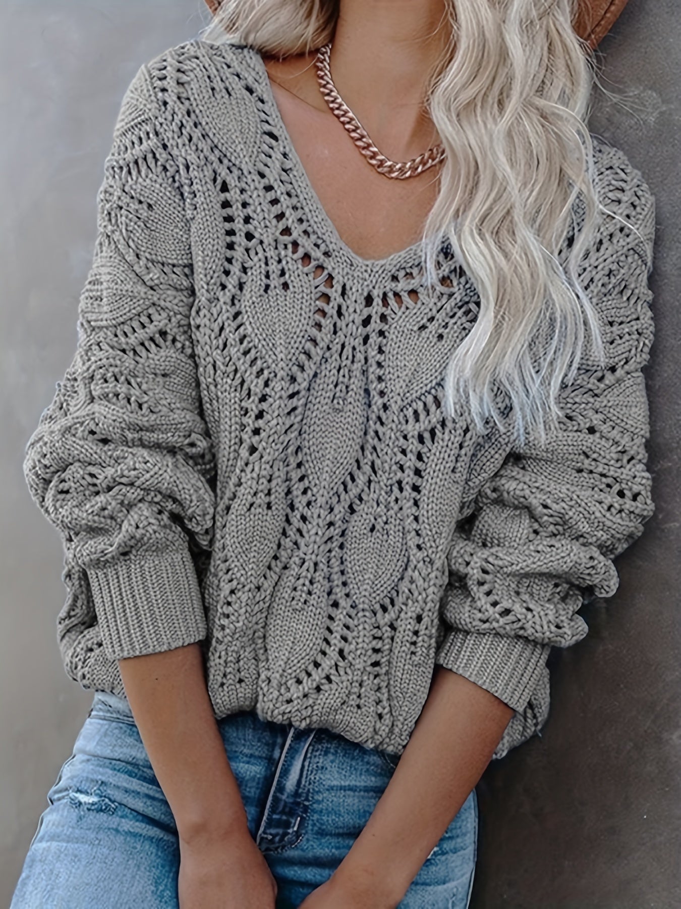Cut Out V Neck Sweater, Casual Long Sleeve Sweater For Fall & Winter, Women's Clothing