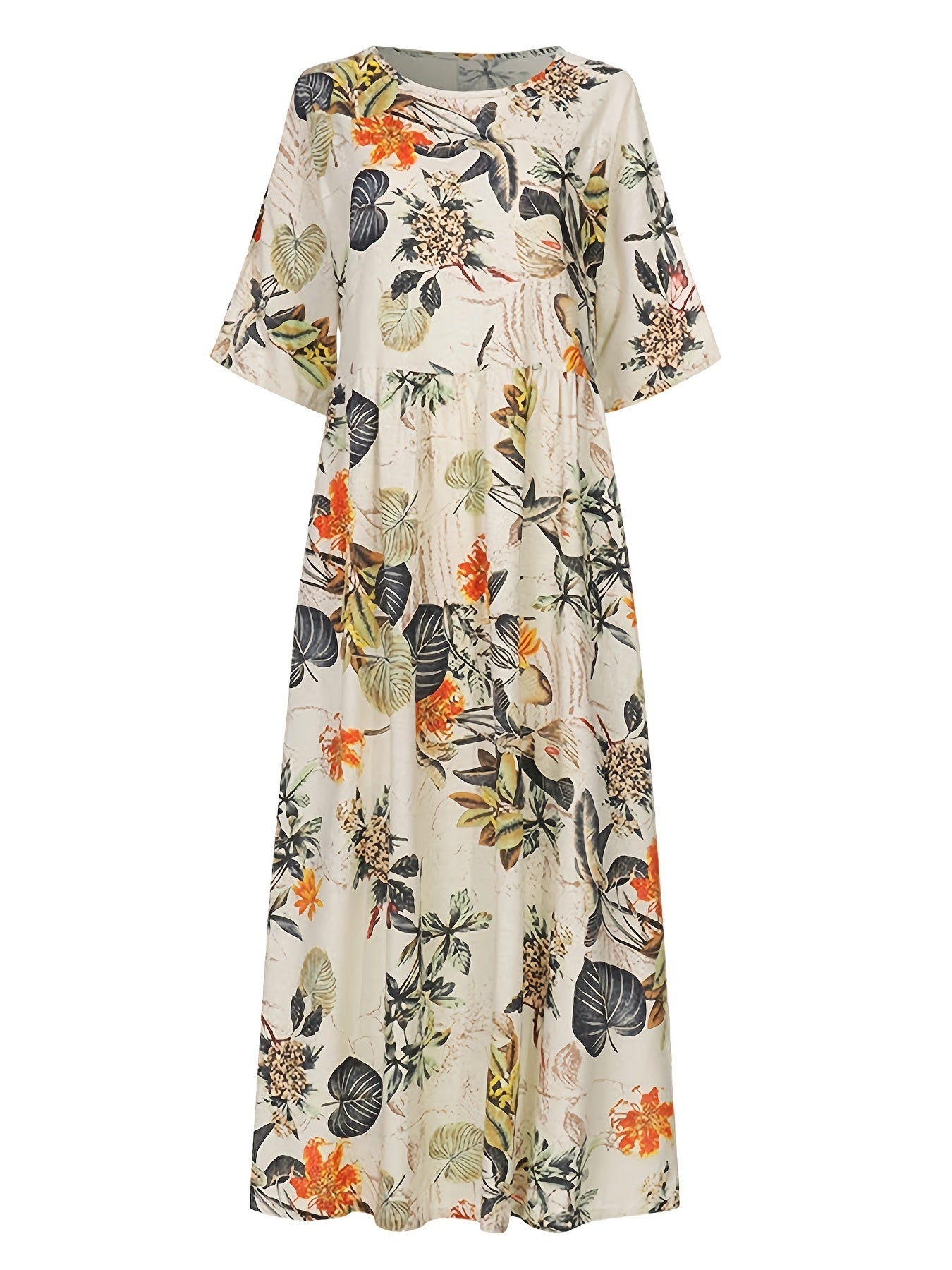 gbolsos Plus Size Casual Dress, Women's Plus Floral Print Half Sleeve Round Neck Maxi Dress