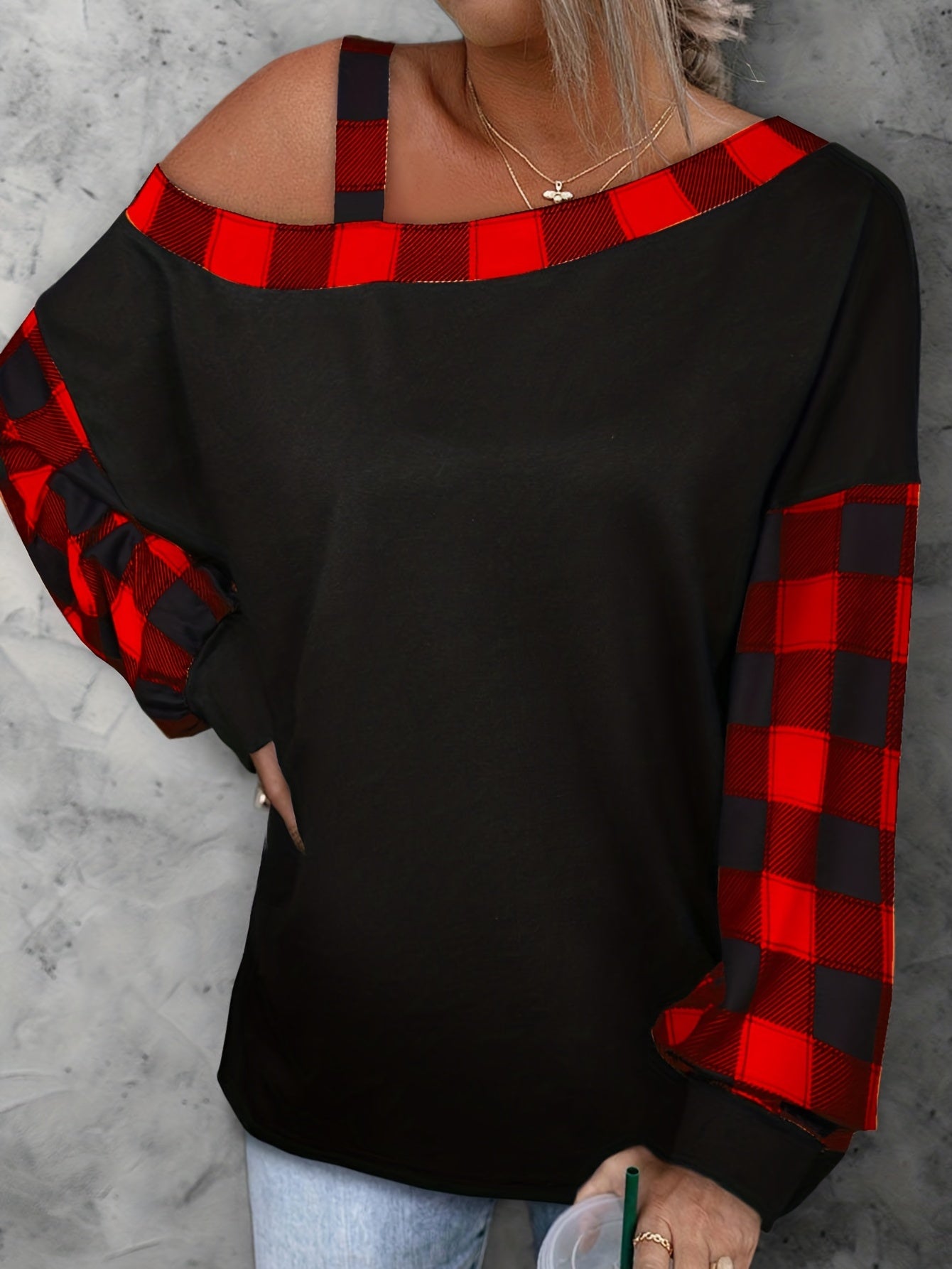 Plus Size Casual Top, Women's Plus Colorblock Gingham Print One Shoulder Long Sleeve Top