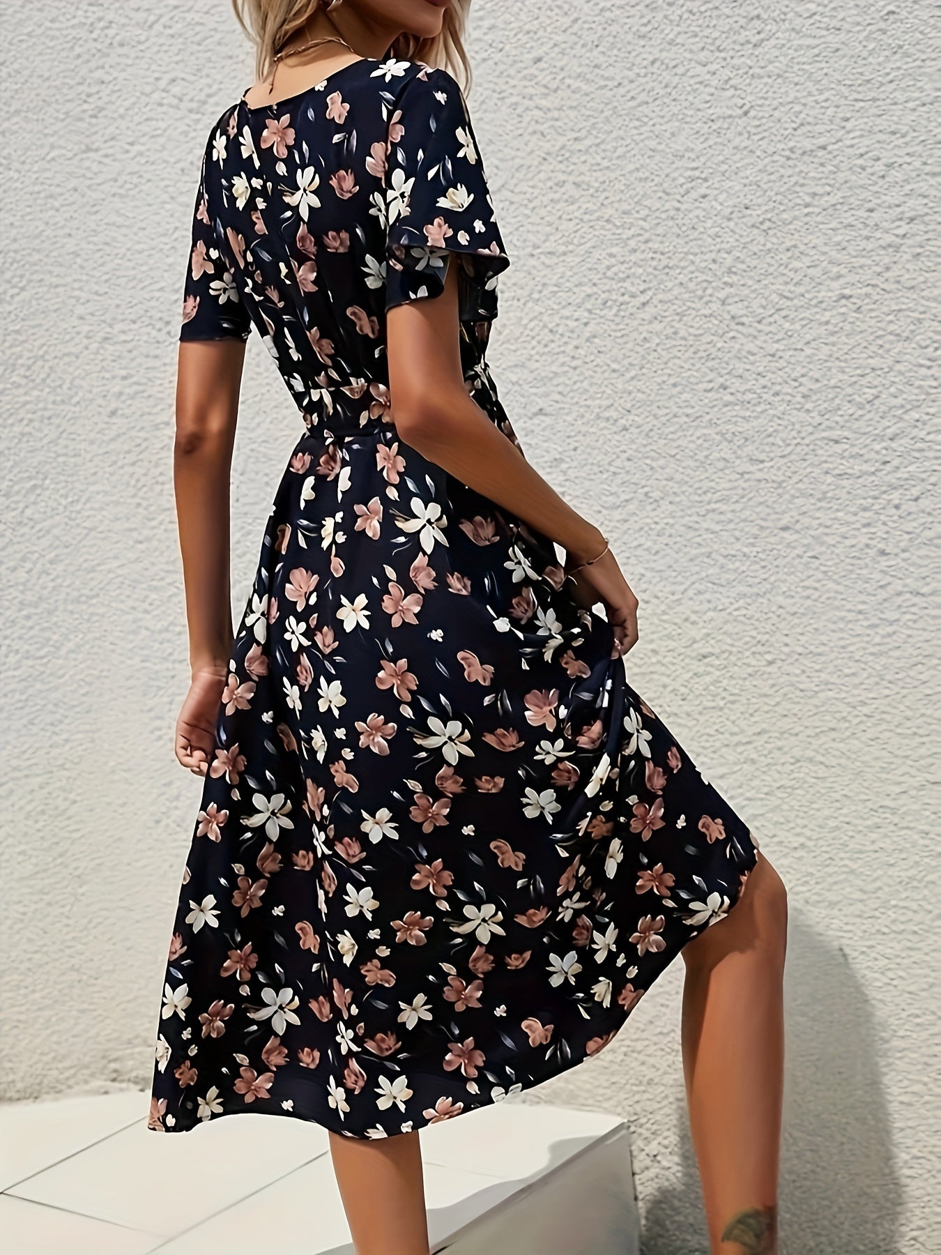 gbolsos Floral Print V Neck Dress, Boho Short Sleeve Midi Dress, Women's Clothing