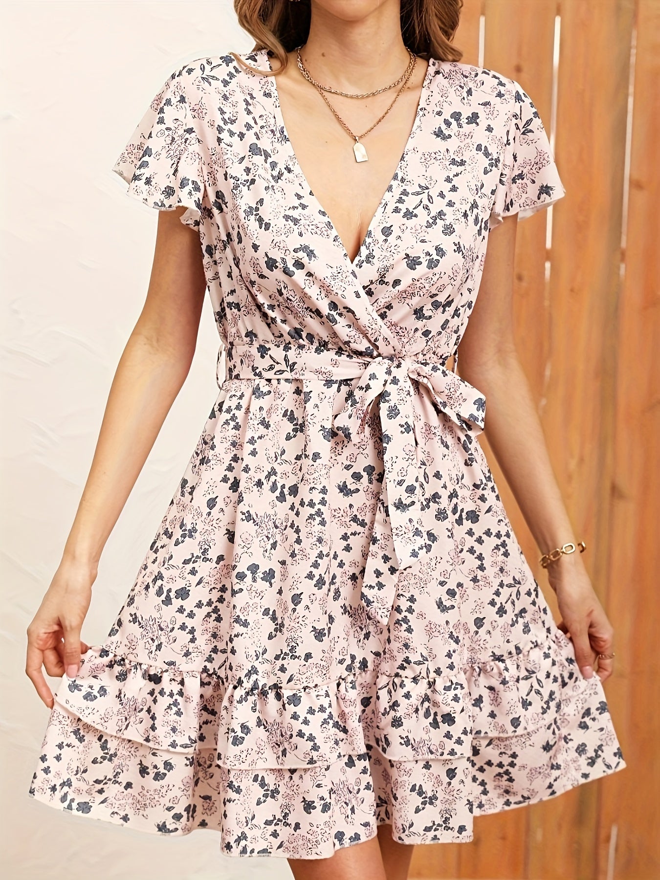 gbolsos Floral Print Layered Hem Belted Dress, Boho V Neck Short Sleeve Dress, Women's Clothing
