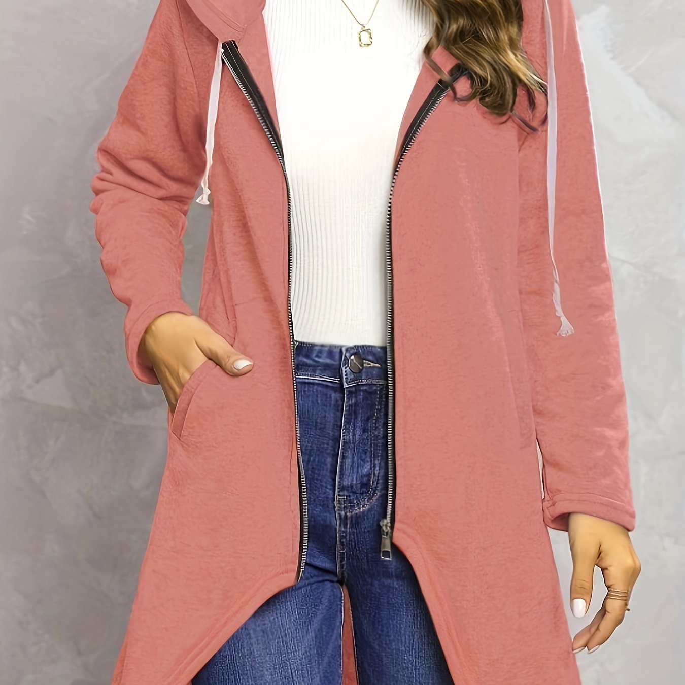 Solid Zip Up Long Sleeve Hoodie, Casual Long Sleeve Drawstring Hoodies Sweatshirt, Women's Clothing