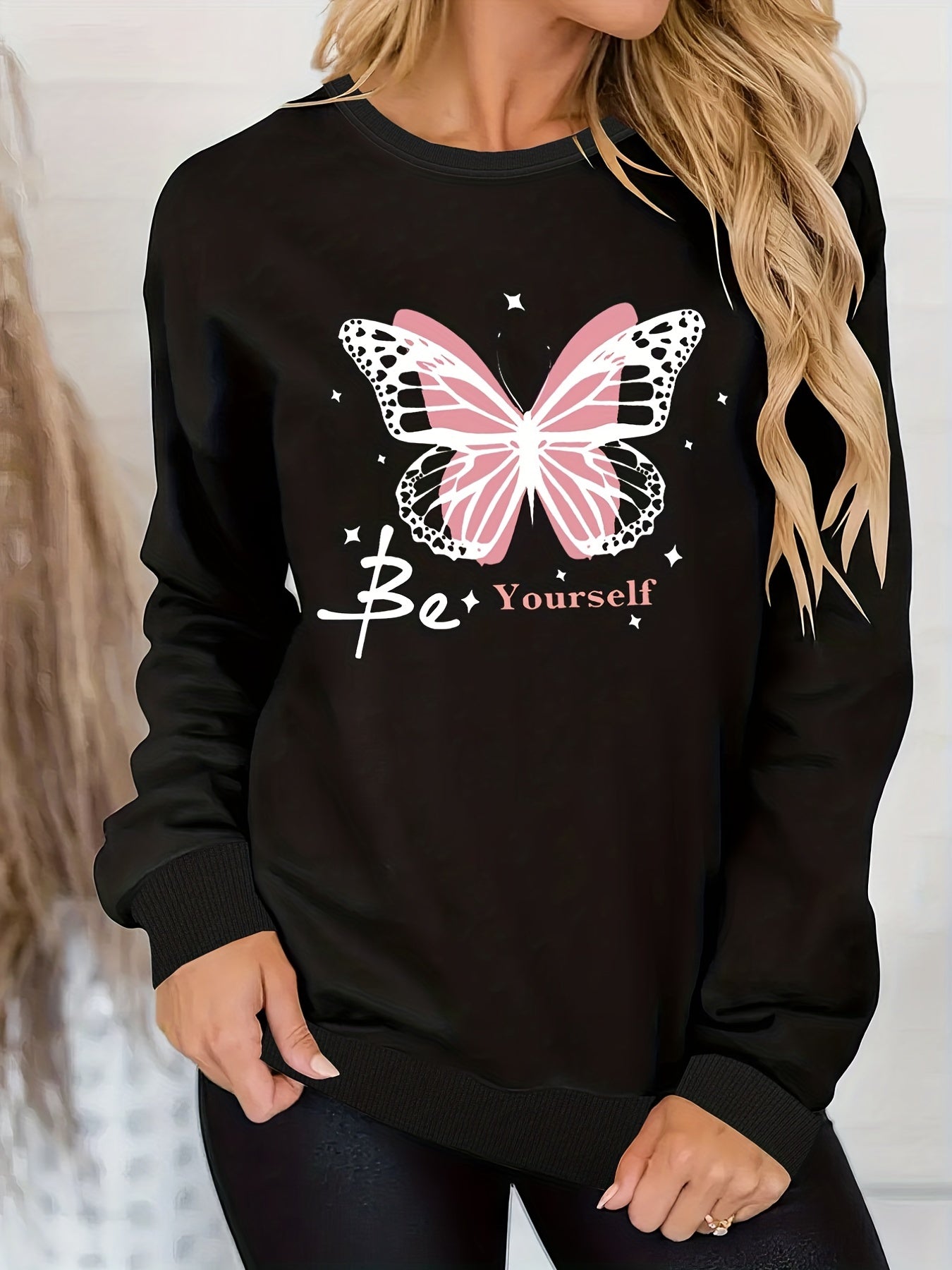 Butterfly & Be Yourself Print Sweatshirt, Winter & Fall Crew Neck Casual Sweatshirt, Women's Clothing