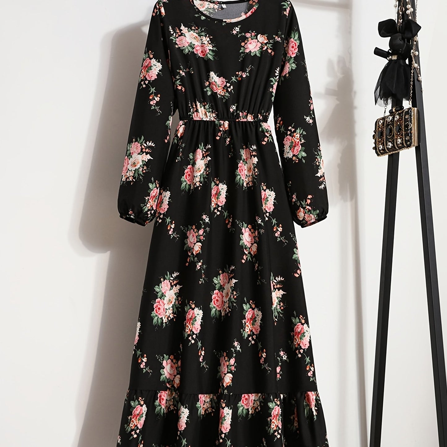 gbolsos Elegant Summer High Waist Fashion Ditsy Floral Print Dress, Slim Temperament Maxi Dresses, Women's Clothing