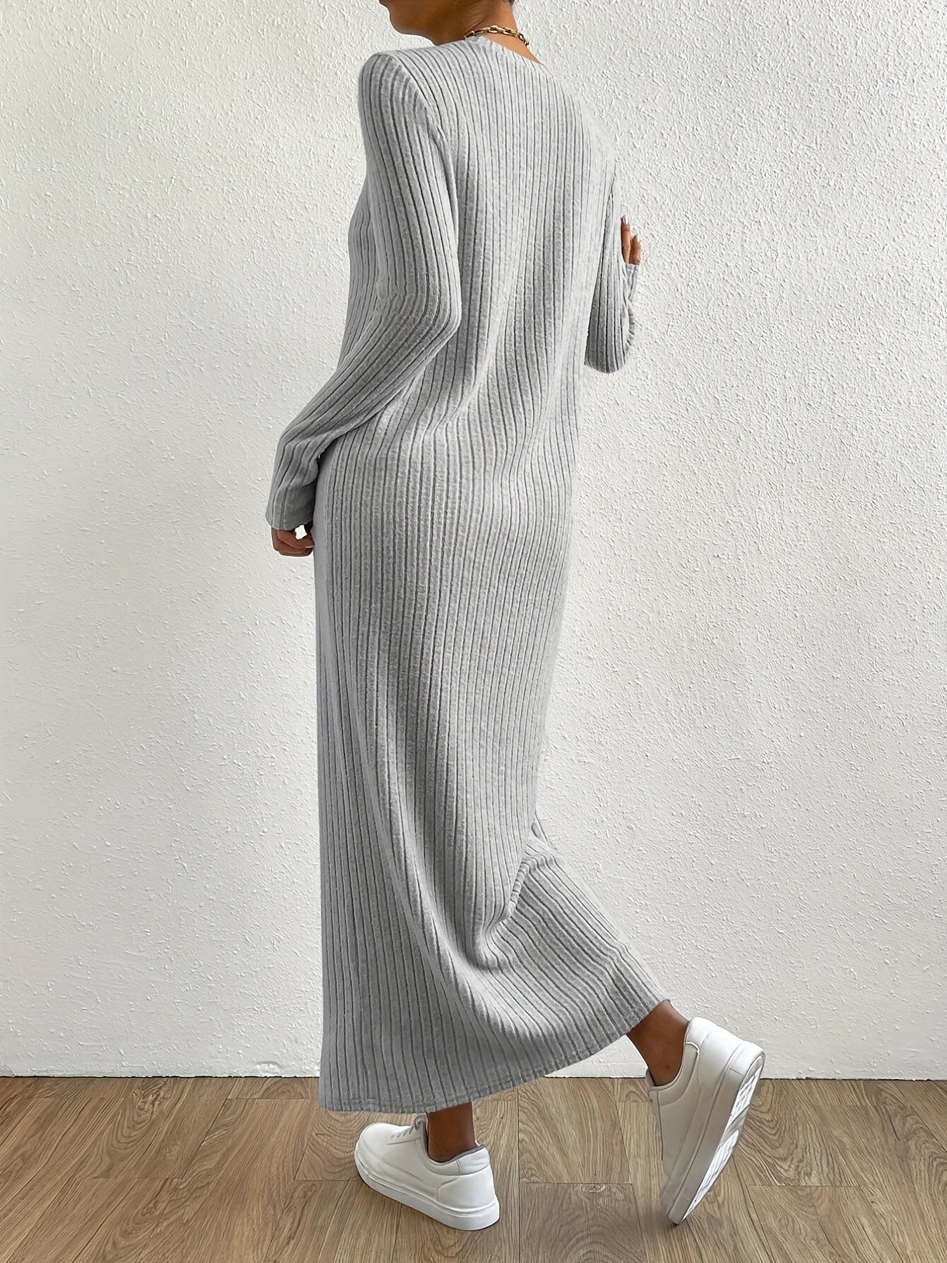 gbolsos Solid Ribbed Dress, Elegant Crew Neck Long Sleeve Maxi Dress, Women's Clothing