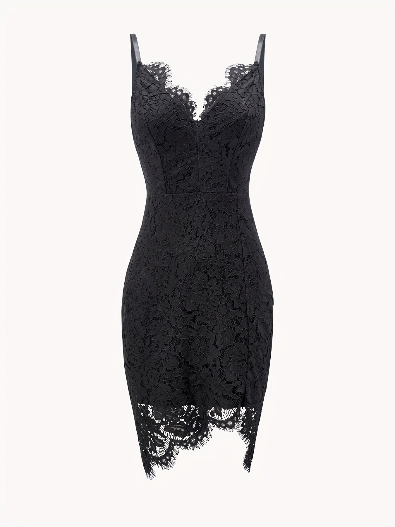 gbolsos Solid Lace Cami Dress, Elegant Spaghetti Sleeveless Bodycon Party Dress, Women's Clothing