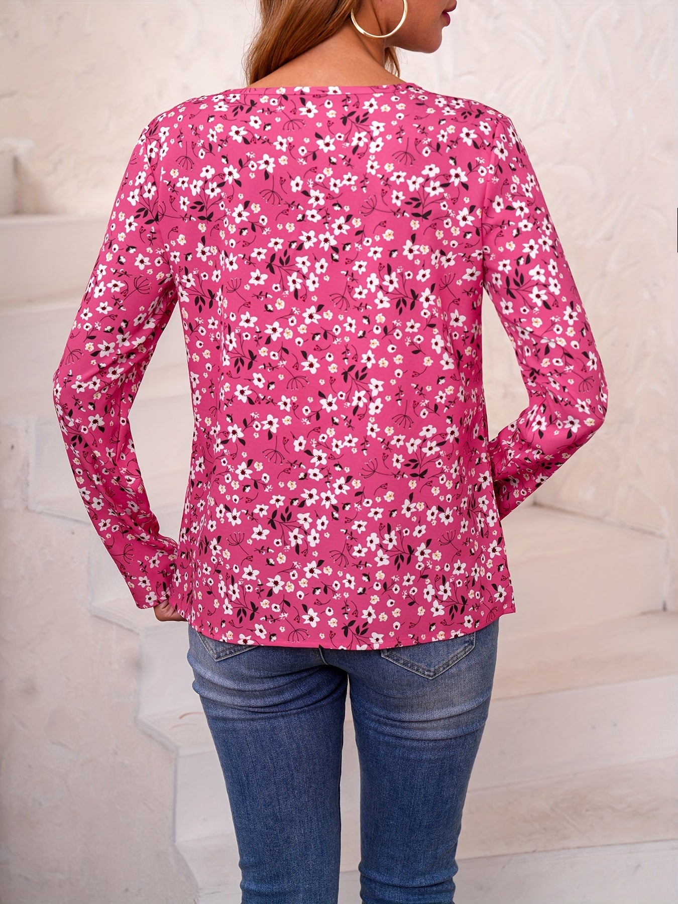 Floral Print Notched Neck Blouse, Casual Long Sleeve Vacation Blouse, Women's Clothing