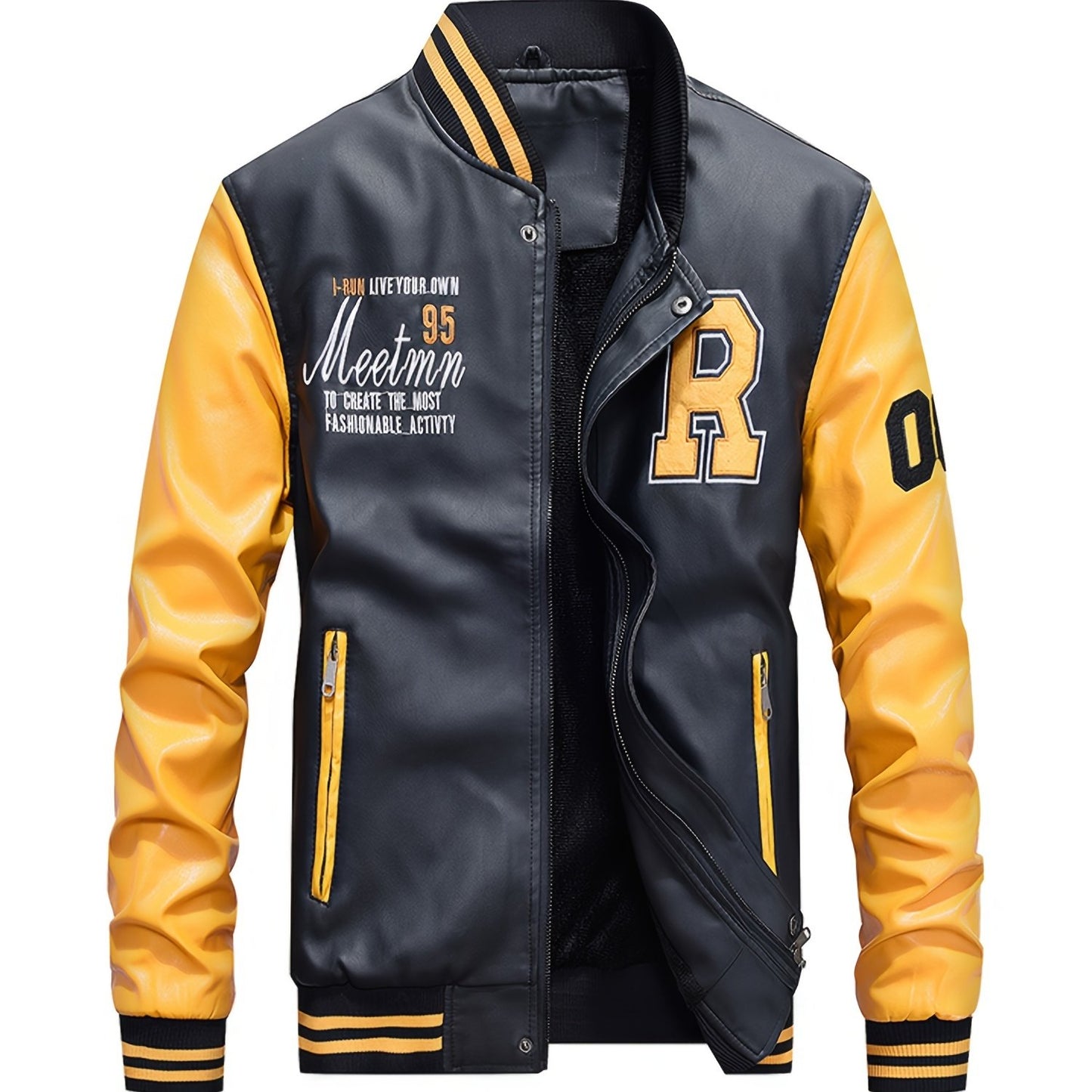 gbolsos Men's Casual Pockets "R" Print Zipper Long Sleeves Baseball Collar PULeather Jacket