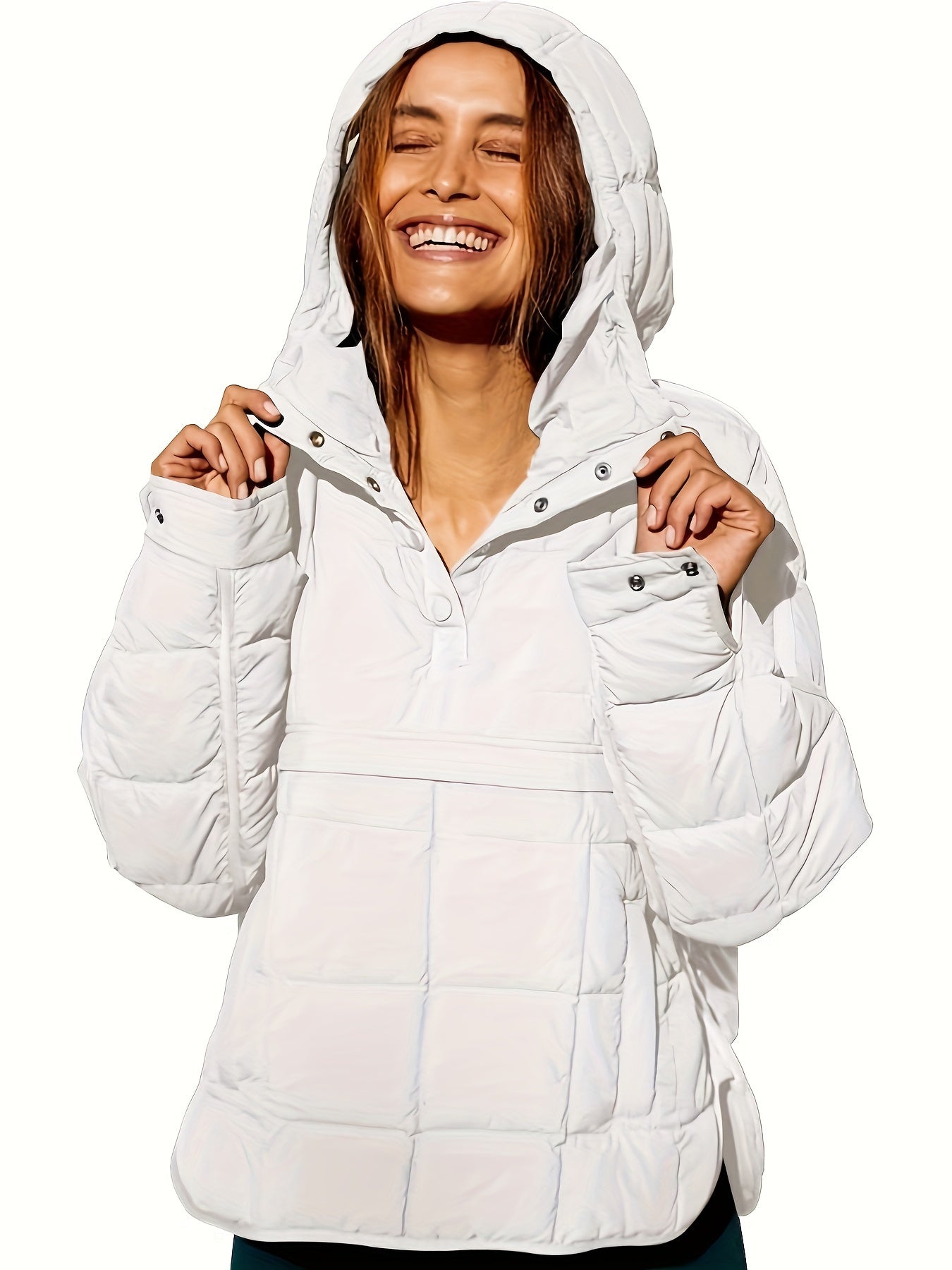 Plus Size Casual Winter Coat, Women's Plus Solid Quilted Button Up Long Sleeve Hooded Pullover Puffer Coat
