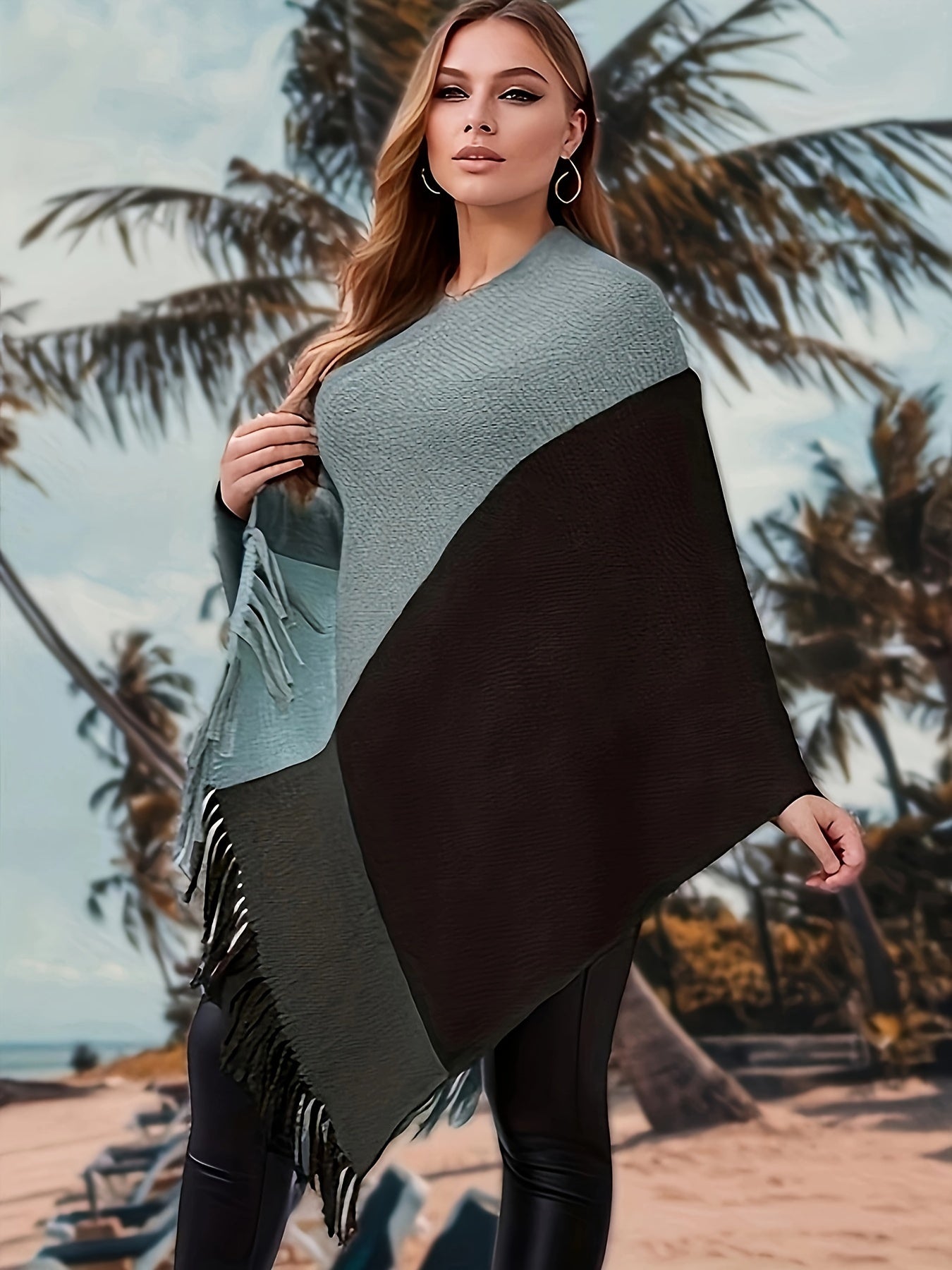 Plus Size Casual Coat, Women's Plus Colorblock Batwing Sleeve V Neck Tassel Trim Medium Stretch Shawl Cape Sweater Overcoat
