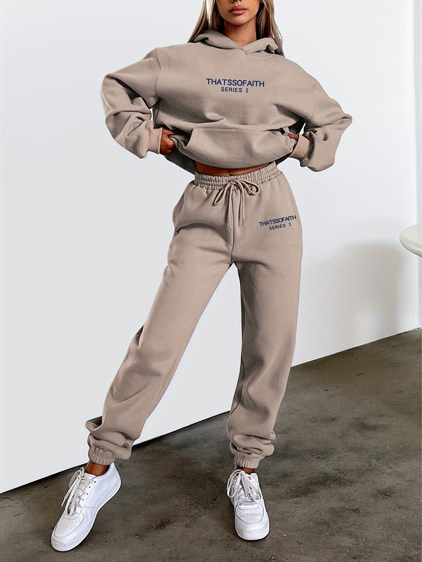 gbolsos Letter Print Casual Two-piece Set, Drawstring Hooded Tops & Drawstring Jogger Pants Outfits, Women's Clothing