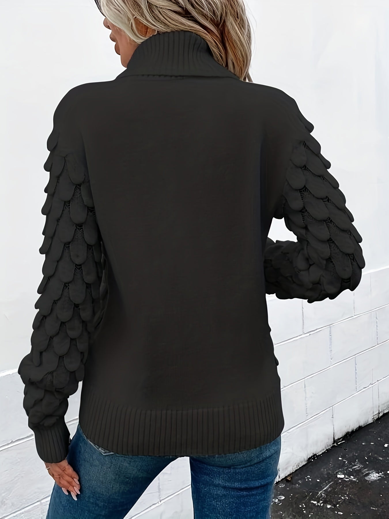 gbolsos Fish Scale Turtleneck Sweater, Casual Solid Long Sleeve Knit Sweater, Women's Clothing