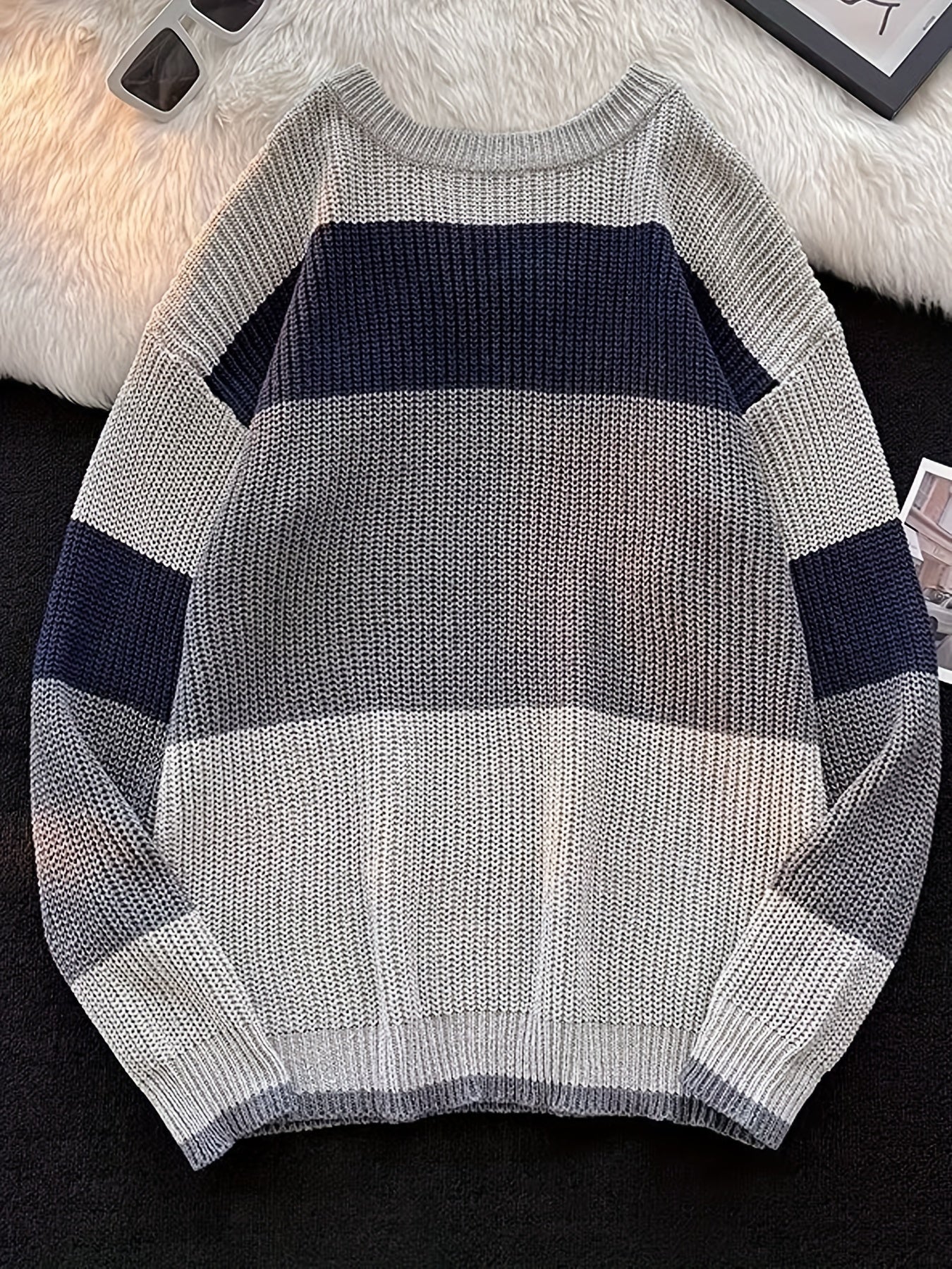 gbolsos Color Block Crew Neck Pullover Sweater, Vintage Long Sleeve Oversized Slouchy Sweater, Women's Clothing