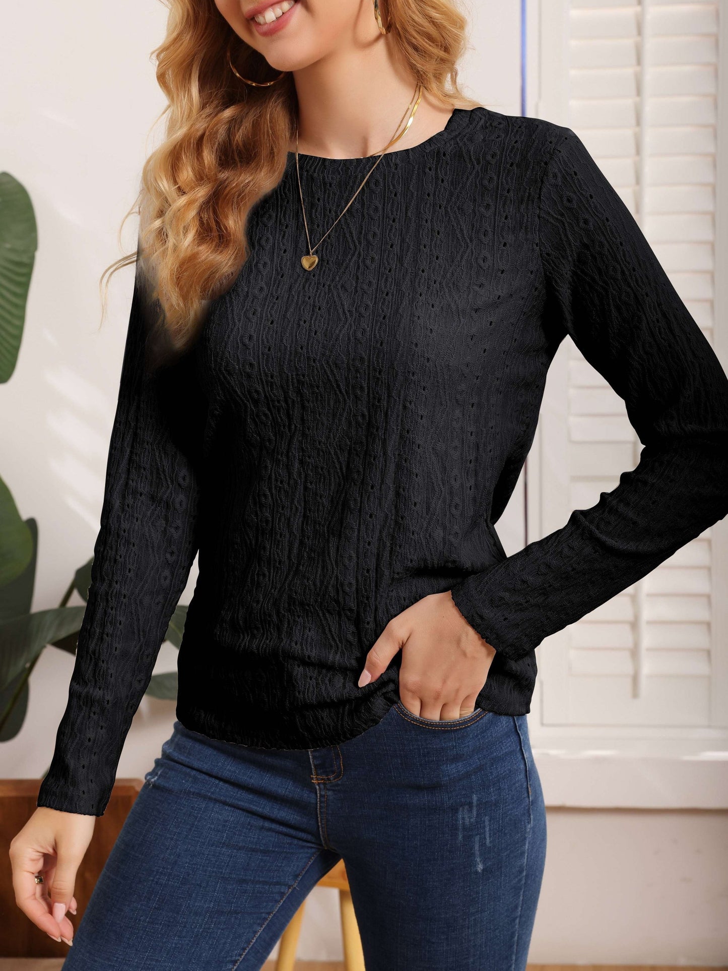 gbolsos Eyelet Solid T-shirt, Casual Crew Neck Long Sleeve T-shirt, Women's Clothing