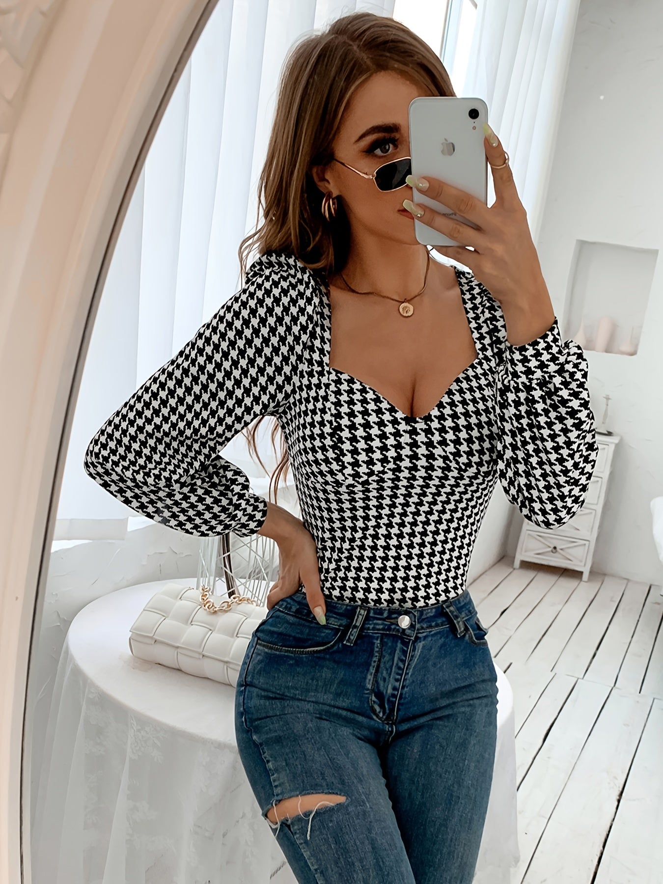 gbolsos Off The Shoulder Elegant Lantern Sleeve T-Shirt, Houndstooth Print Top For Autumn And Winter, Women's Clothing