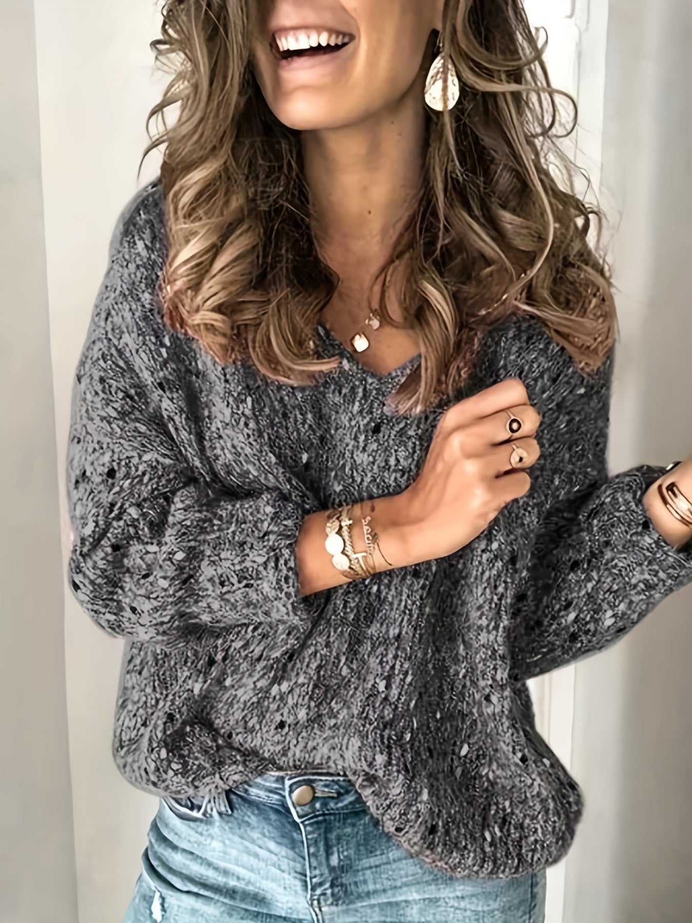 gbolsos Long Sleeve Drop Shoulder Sweater, Loose Casual Sweater, Women's Clothing