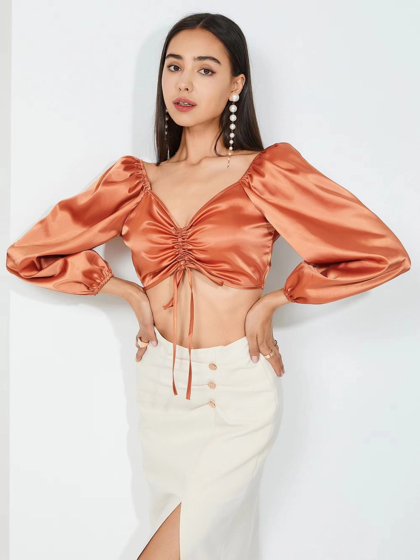 gbolsos Cropped Satin Blouse, Sexy Drawstring Long Sleeve Blouse, Women's Clothing