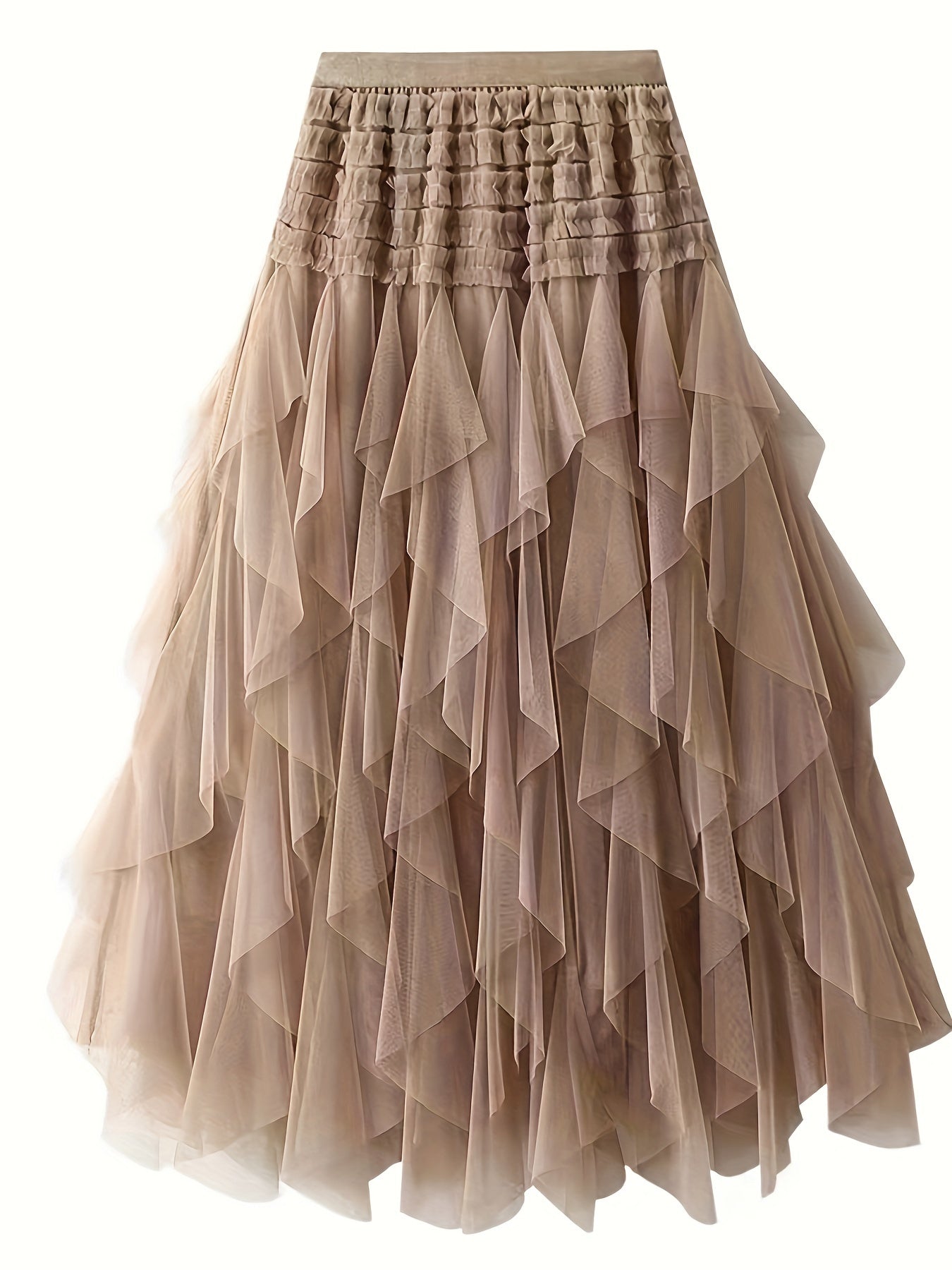 gbolsos A-line Mesh Tiered Skirt, Solid Color High Waist Shirred Skirt, Women's Clothing