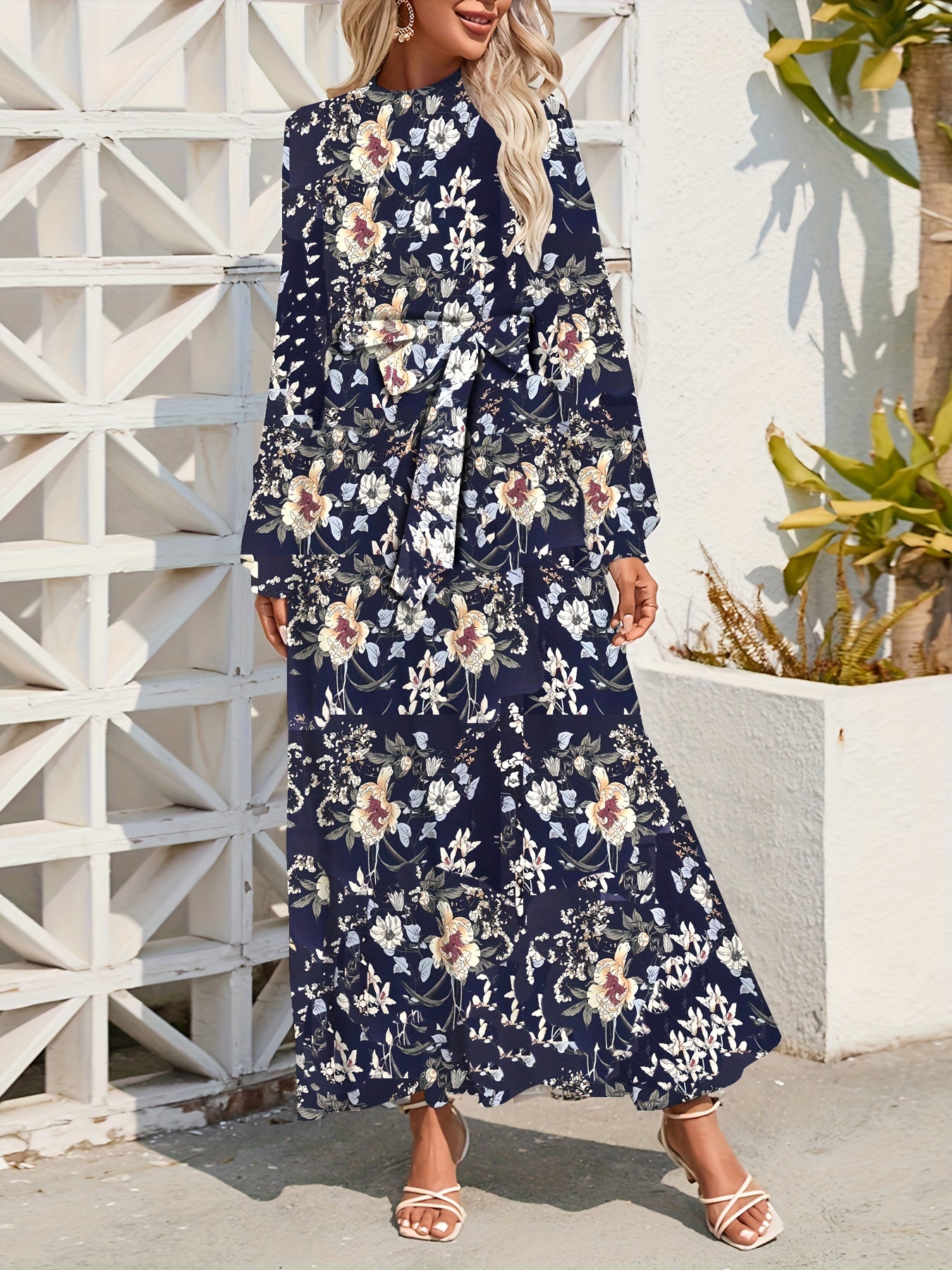 Floral Print Tie Waist Long Sleeve Dress, Crew Neck Casual Dress For Summer & Spring, Women's Clothing
