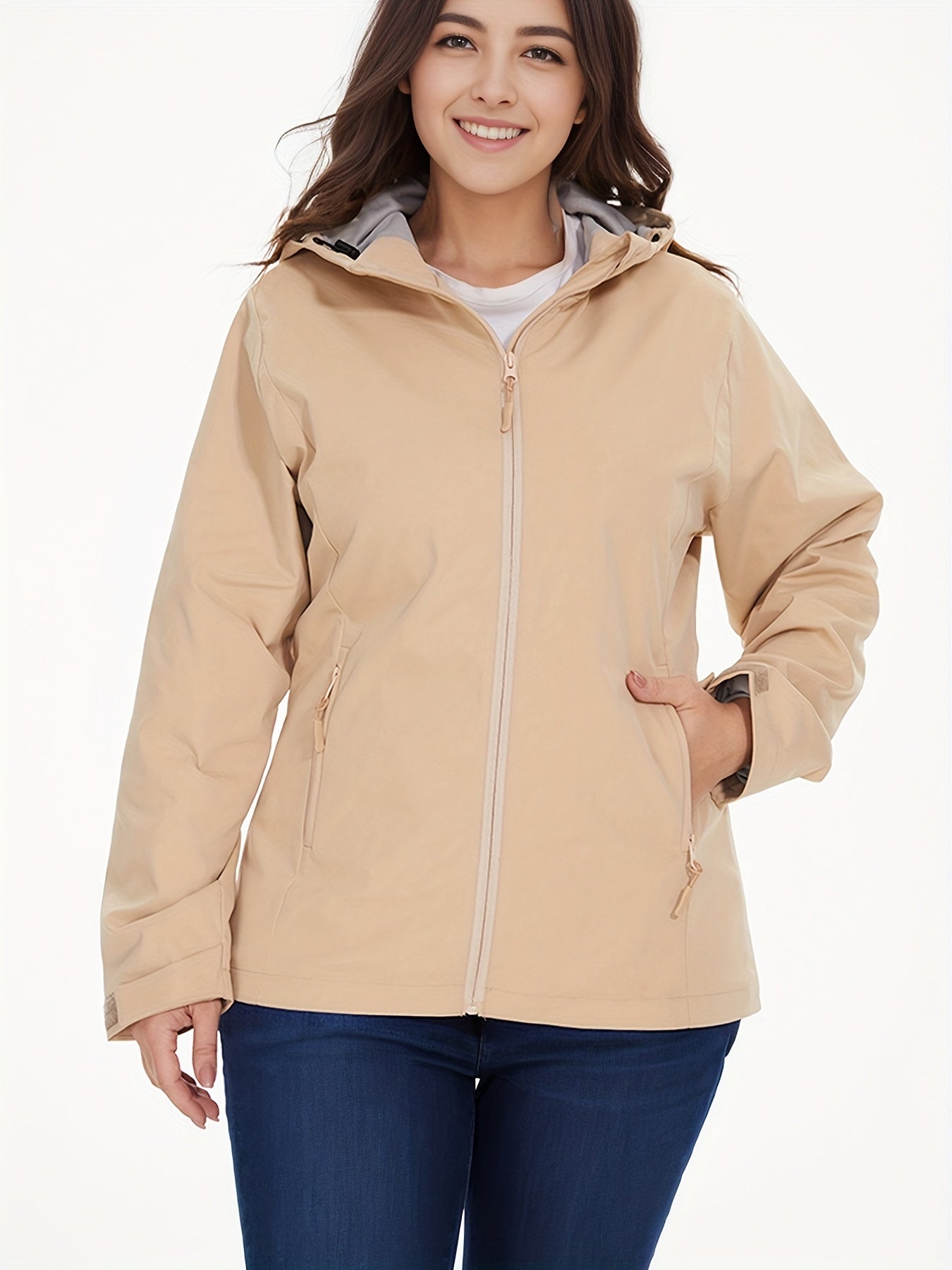 gbolsos Solid Zip Up Hooded Jacket, Casual Long Sleeve Versatile Outerwear, Women's Clothing