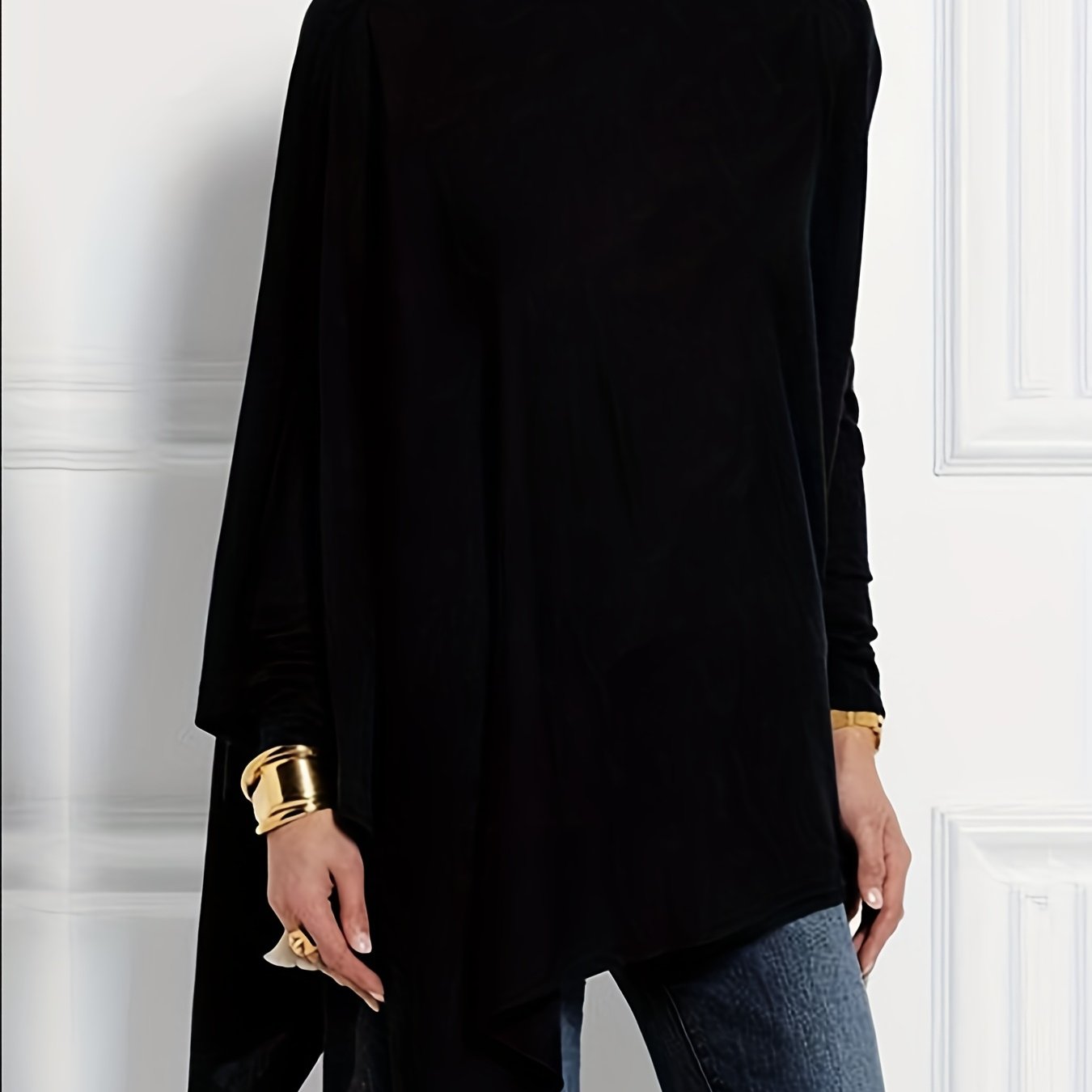 gbolsos Solid Turtleneck T-Shirt, Casual Long Sleeve Top For Spring & Fall, Women's Clothing