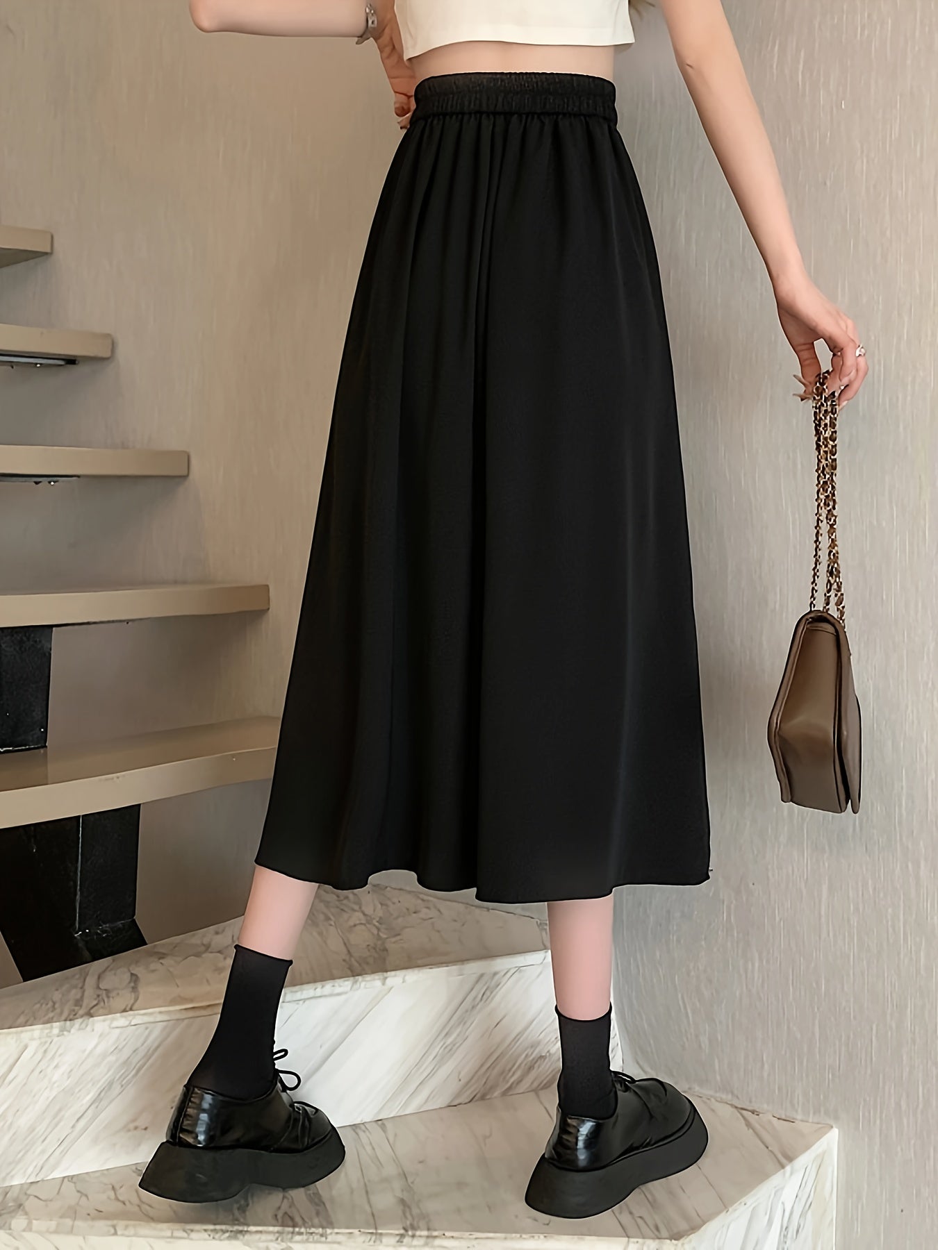 gbolsos Solid High Waist Skirt, Elegant Pleated Midi Draped Skirt, Women's Clothing