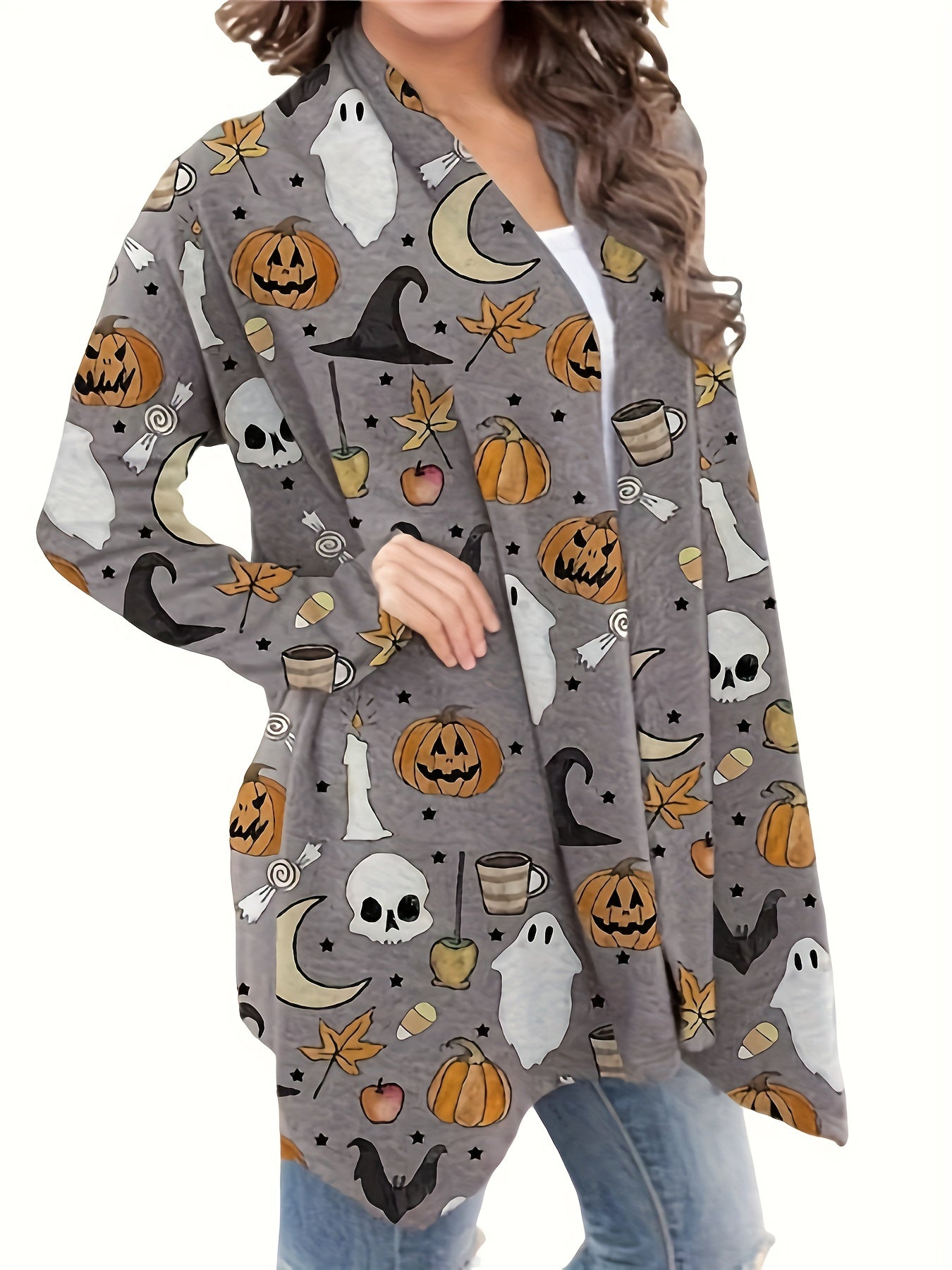 gbolsos Halloween Allover Print Cardigan, Open Front Long Sleeve Cardigan For Spring & Fall, Women's Clothing