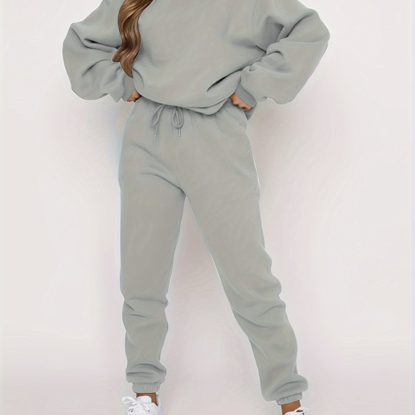 gbolsos Solid Casual Two-piece Set, Crew Neck Long Sleeve Tops & Drawstring Jogger Pants Oufits, Women's Clothing