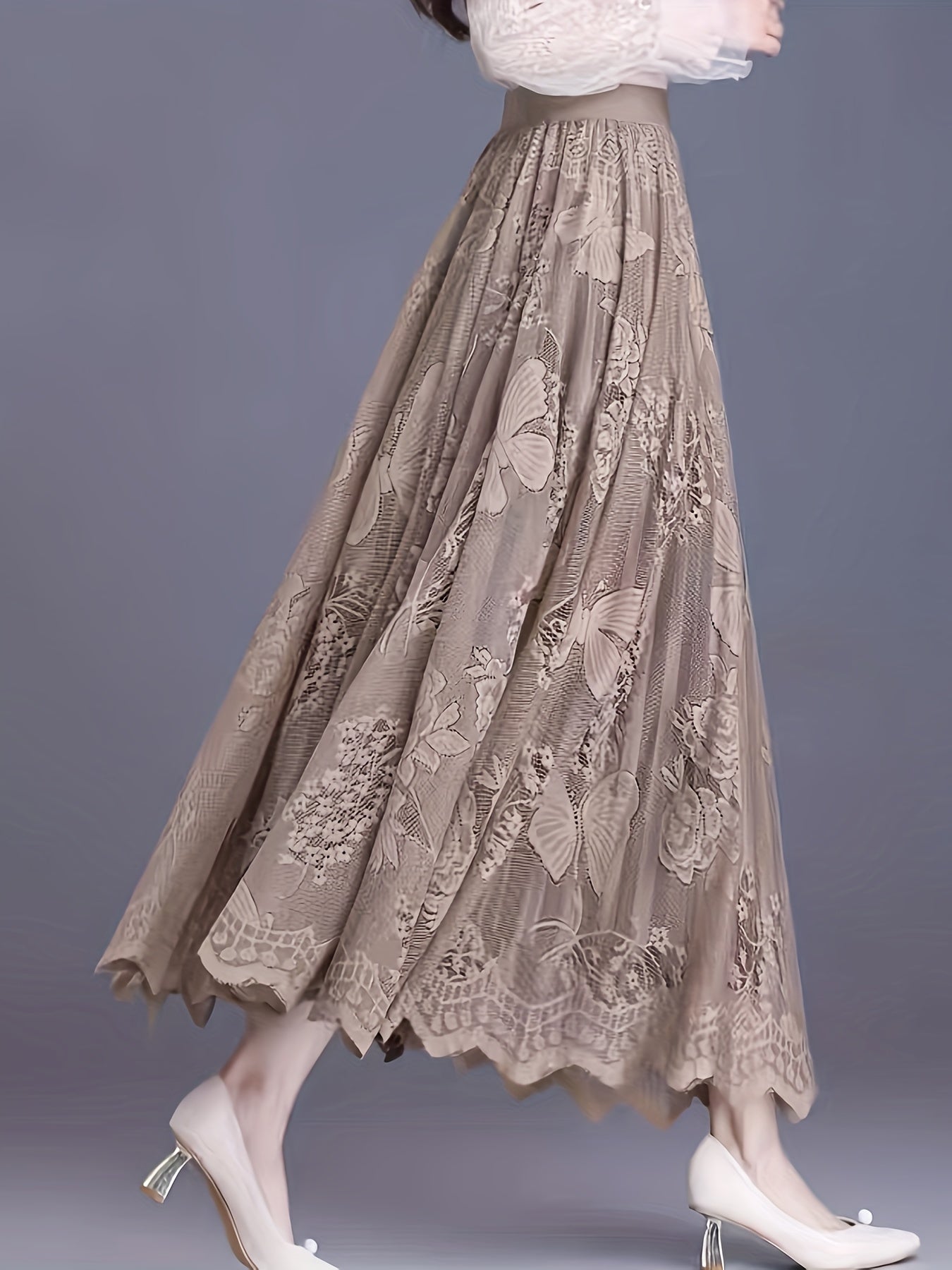 Solid Floral Pattern Pleated Skirt, Elegant Elastic Waist Skirt For Spring & Fall, Women's Clothing