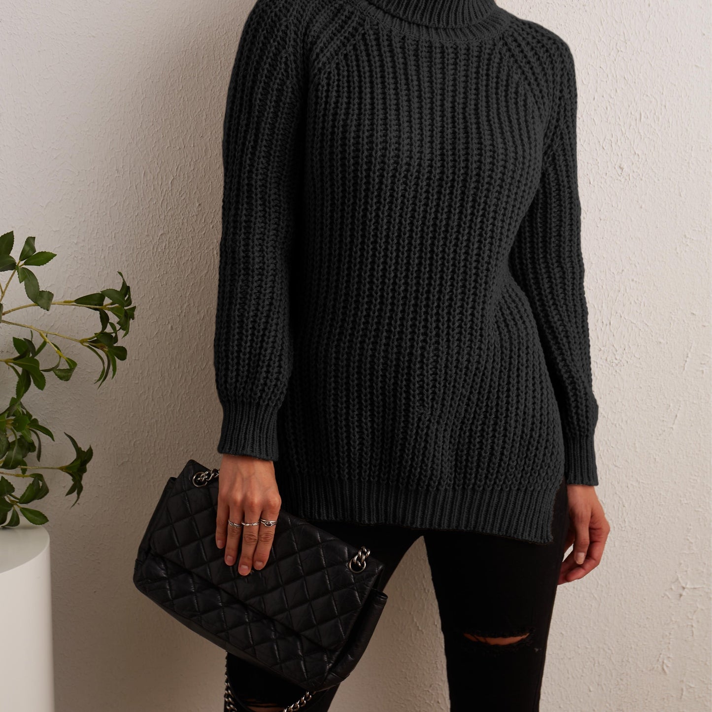 gbolsos Solid Turtleneck Oversized Sweater, Long Sleeve Side Slit Casual Sweater, Women's Clothing