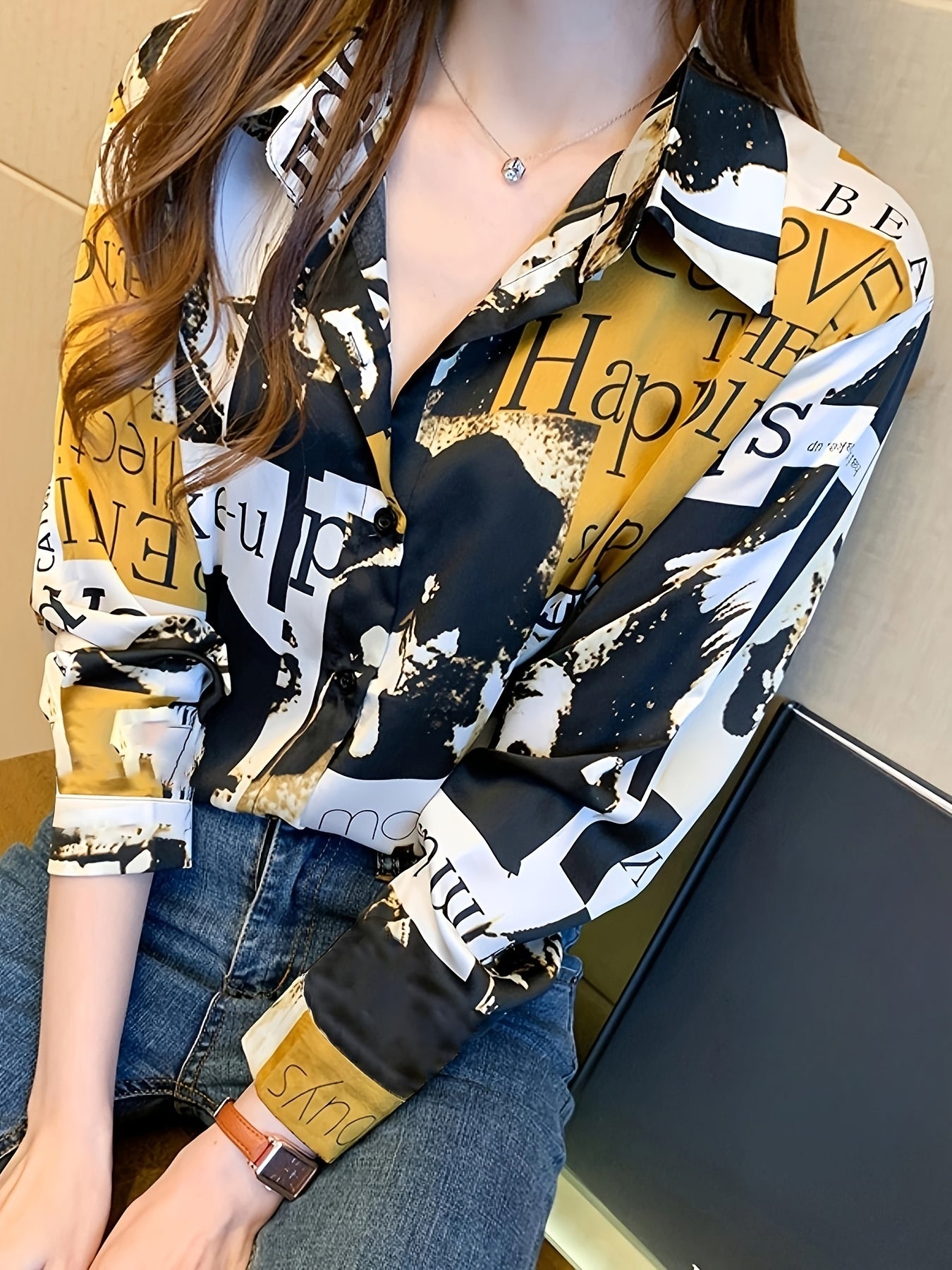 gbolsos Letter & Graphic Print Shirt, Street Wear Button Front Turn Down Collar Long Sleeve Shirt, Women's Clothing