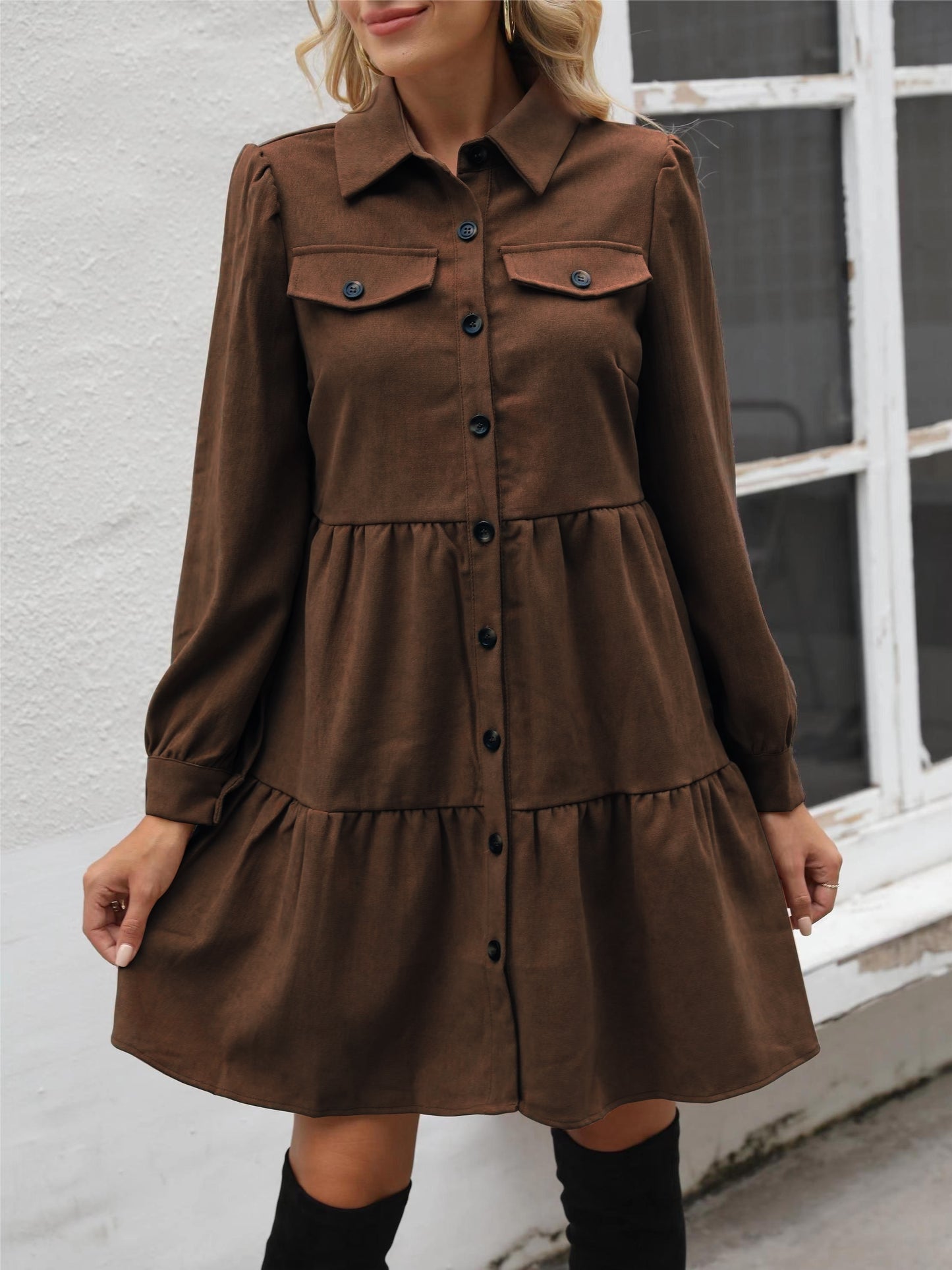 gbolsos Casual Solid Button Down Dress, Turn Down Collar Long Sleeve Dress For Fall & Winter, Women's Clothing