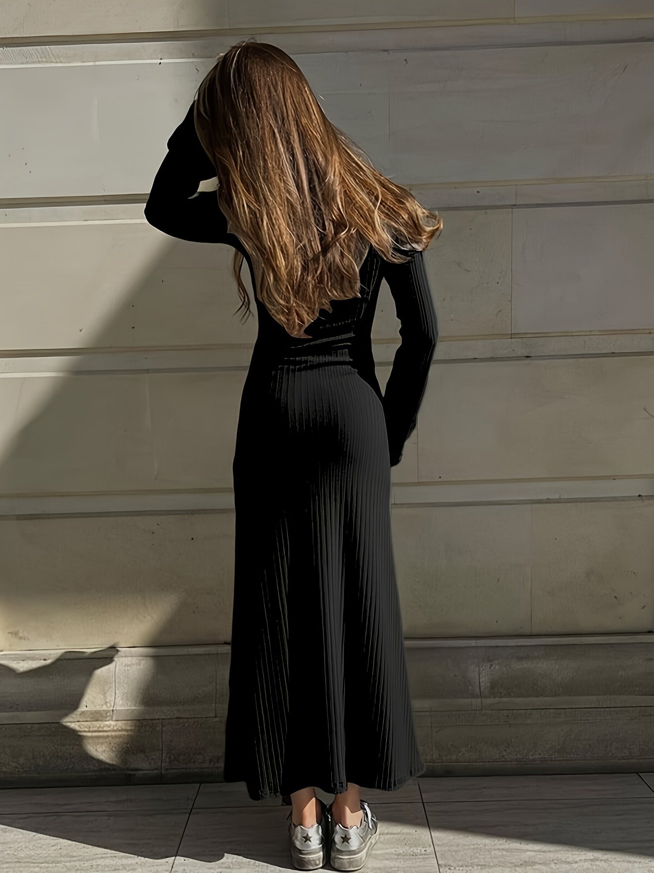 gbolsos Lettuce Trim Squared Neck Dress, Elegant Solid Long Sleeve Dress, Women's Clothing