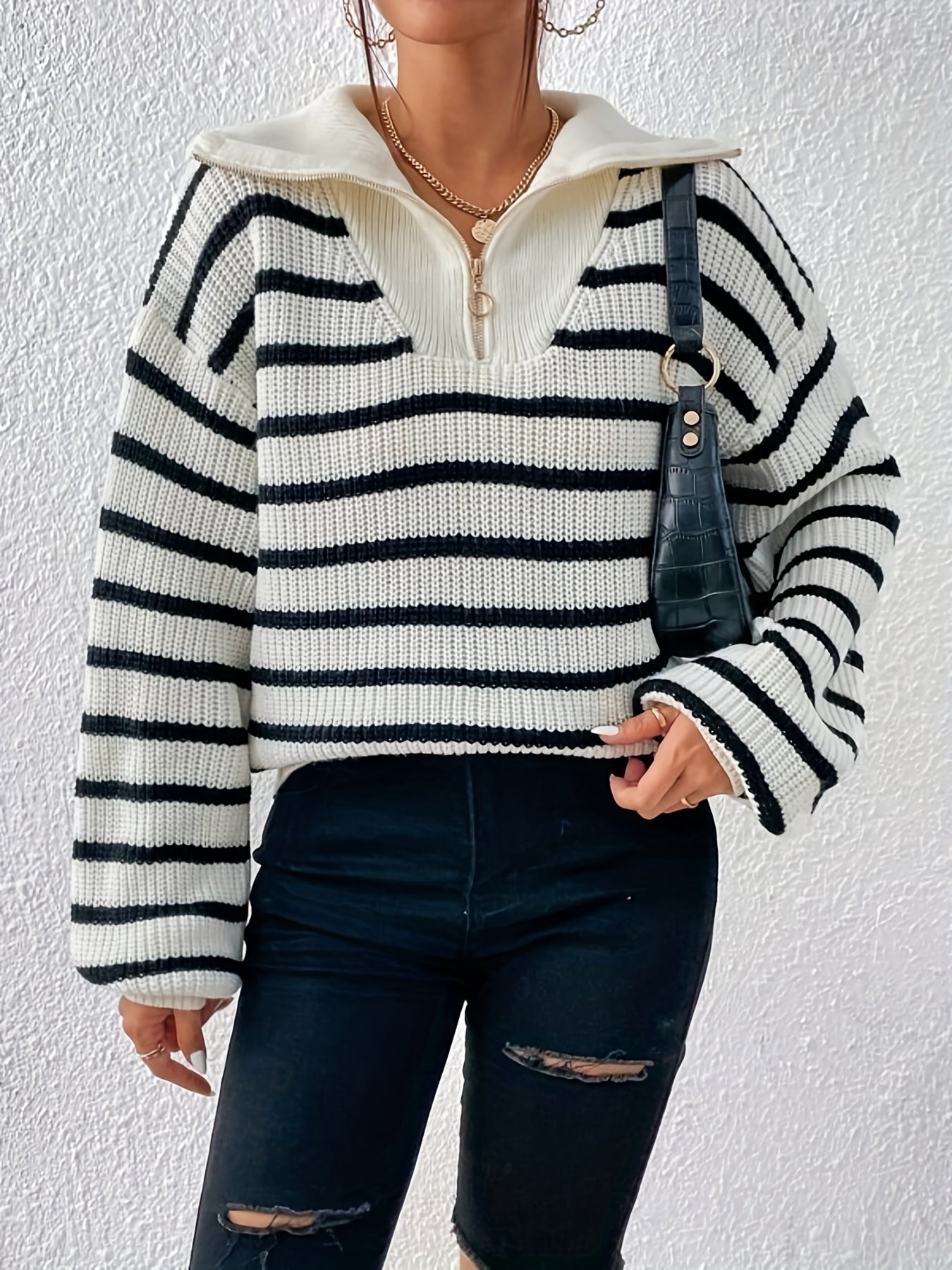 gbolsos Striped Half Zip Pullover Sweater, Casual Long Sleeve Drop Shoulder Sweater, Women's Clothing