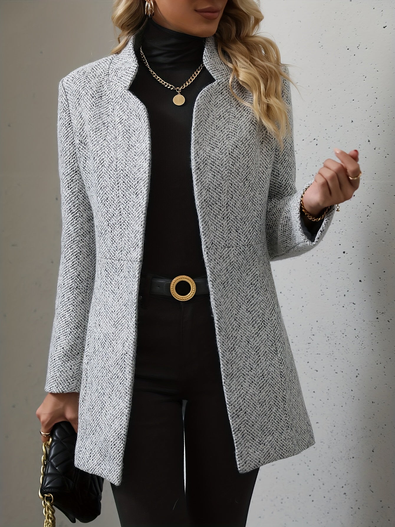 gbolsos Open Front Textured Blazer, Elegant Long Sleeve Blazer For Office & Work, Women's Clothing
