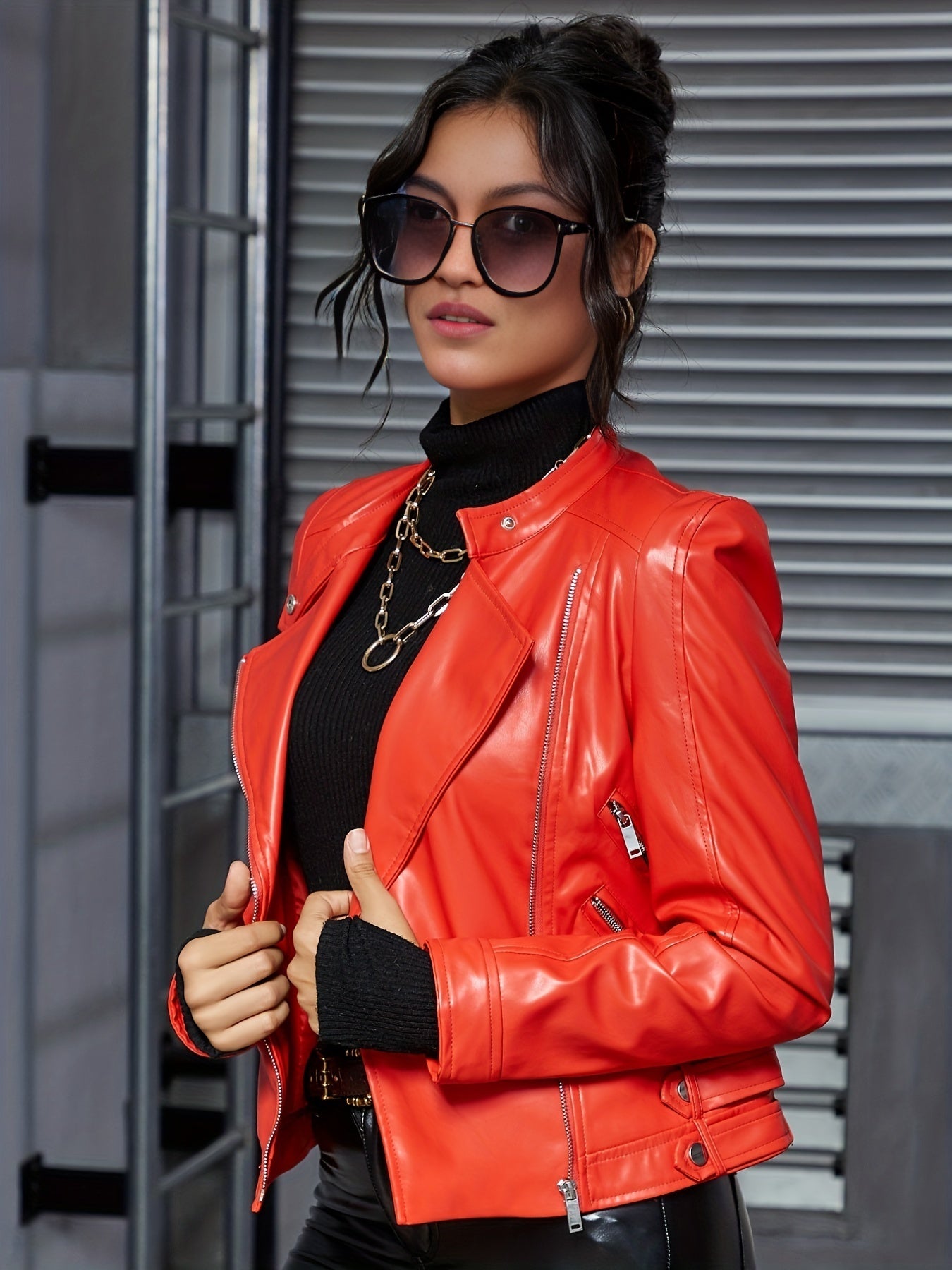 gbolsos Solid Zipper Faux Leather Jacket, Vintage Lapel Long Sleeve Biker Jacket, Women's Clothing