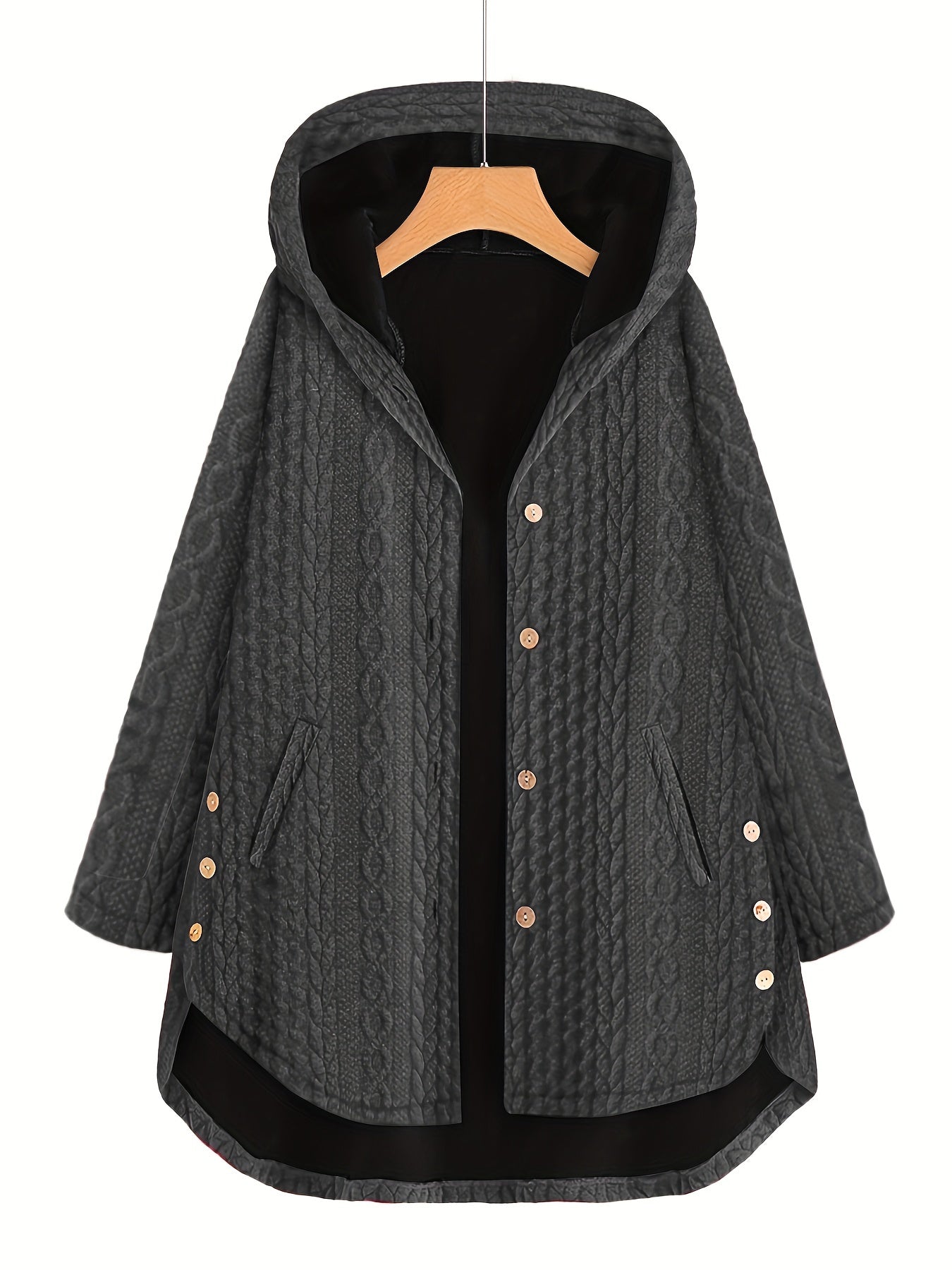 gbolsos Slant Pocket Hooded Coat, Casual Long Sleeve Button Thermal Coat, Women's Clothing