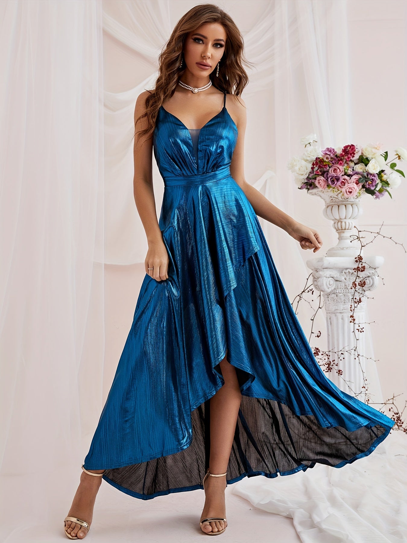 gbolsos Ruffle Hem Cami Bridesmaid Dress, Elegant Backless Dress For Wedding Party, Women's Clothing
