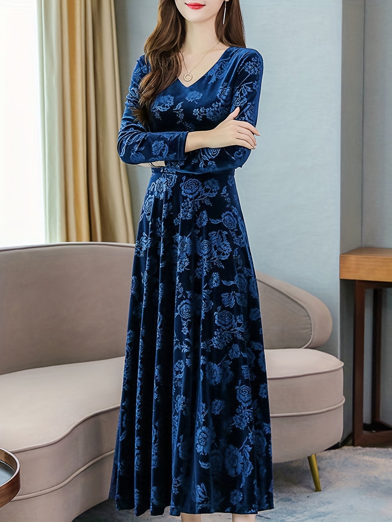 gbolsos Floral Pattern Maxi Dress, Elegant V Neck Long Sleeve Dress, Women's Clothing