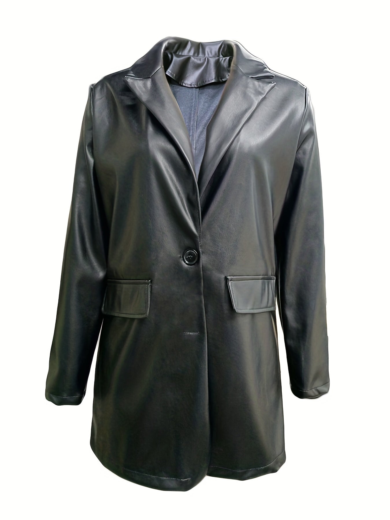 gbolsos Faux Leather Button Front Jacket, Stylish Long Sleeve Lapel Jacket For Fall & Winter, Women's Clothing