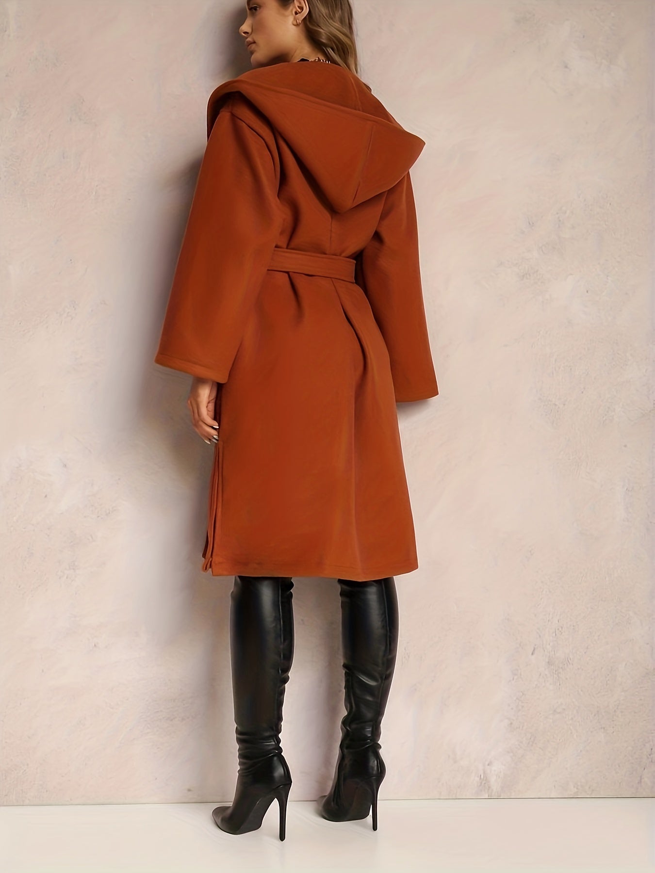 Plus Size Casual Coat, Women's Plus Solid Long Sleeve Open Front Hooded Side Split Hooded Longline Woolen Coat With Belt