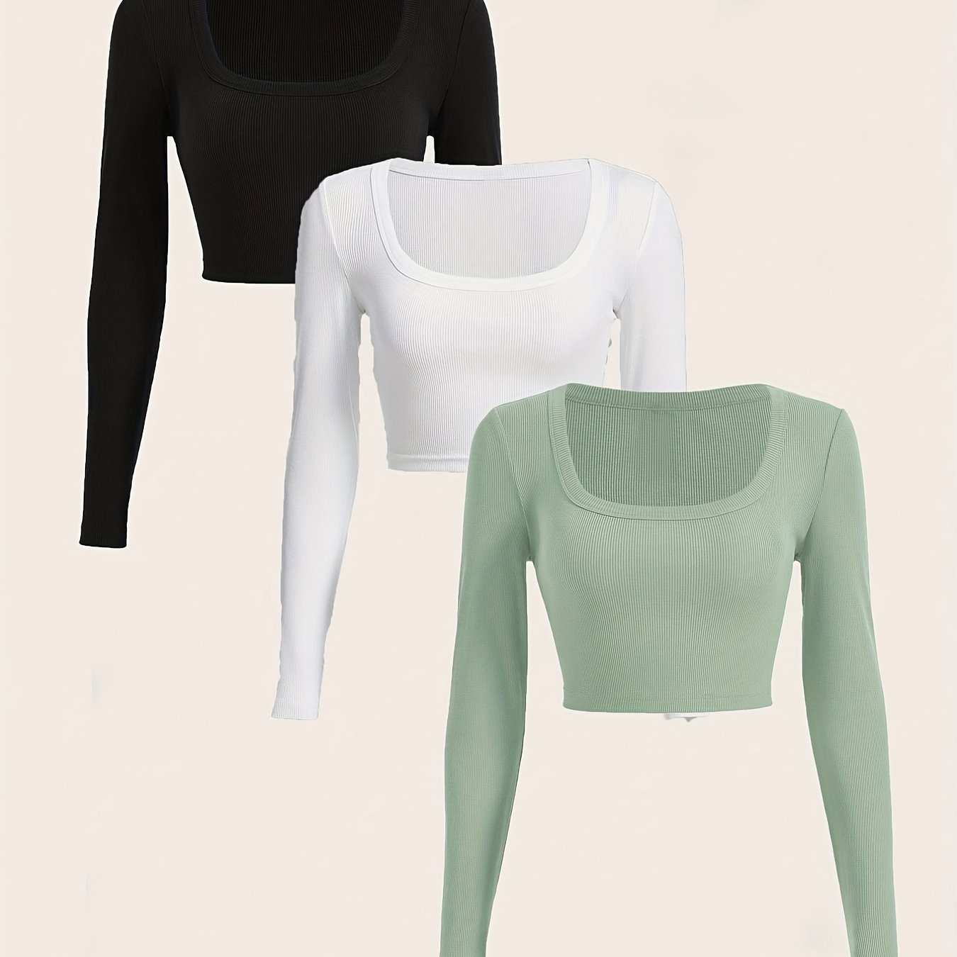 gbolsos 3 Packs Ribbed Square Neck Crop T-Shirts, Casual Long Sleeve Top For Spring & Fall, Women's Clothing