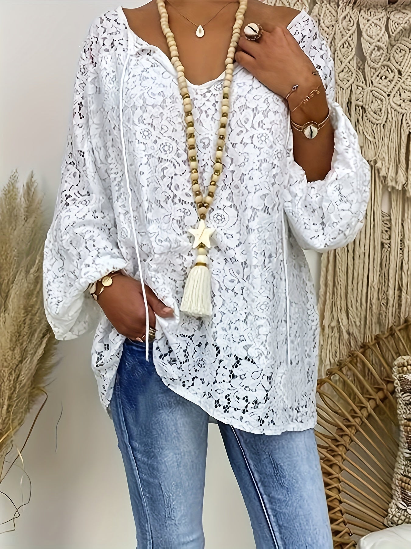 Solid Contrast Lace Blouse, Elegant Tie Front Long Sleeve Blouse, Women's Clothing