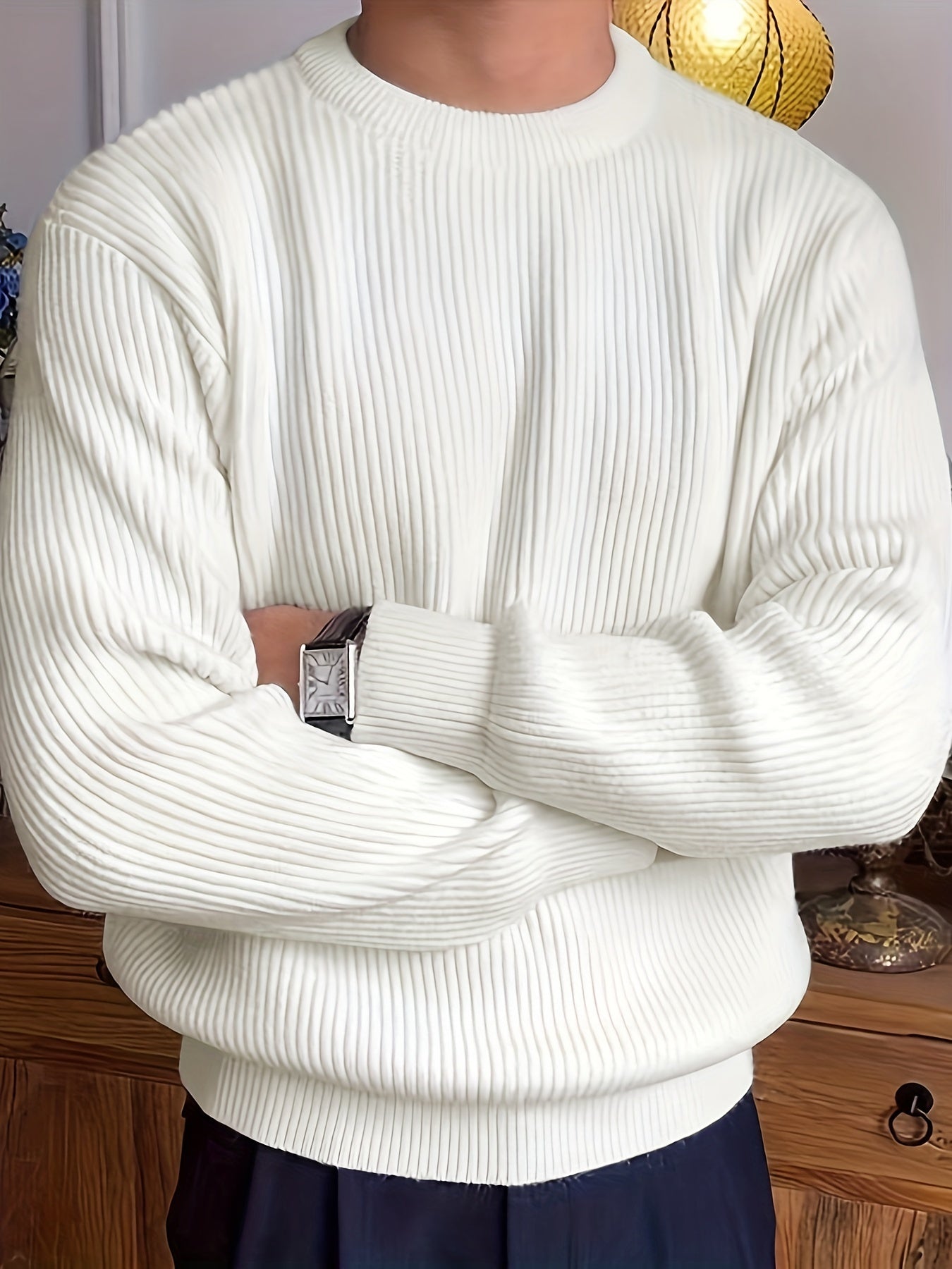 gbolsos Warm Texture Knitted Sweater, Men's Casual Solid Color Slightly Stretch Round Neck Pullover Sweater For Fall Winter