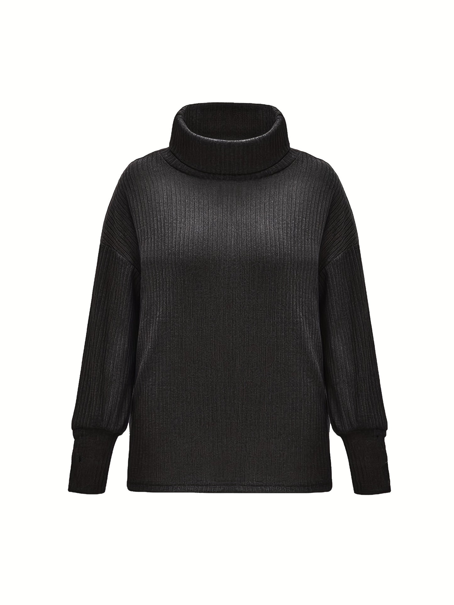 gbolsos Plus Size Casual Sweater, Women's Plus Solid Ribbed Turtle Neck Long Sleeve Medium Stretch Sweater
