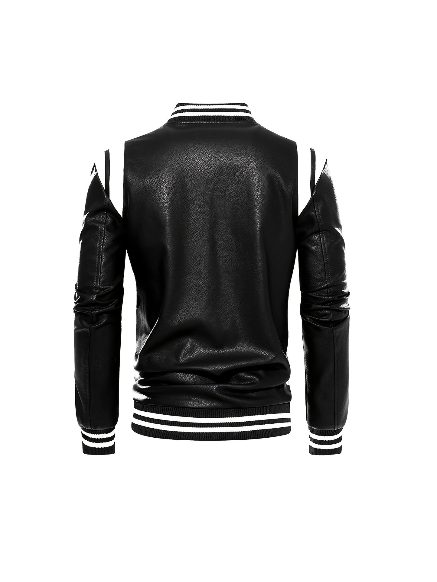 gbolsos Chic Color Block PU Jacket, Men's Casual Baseball Collar Faux Leather Biker Jacket
