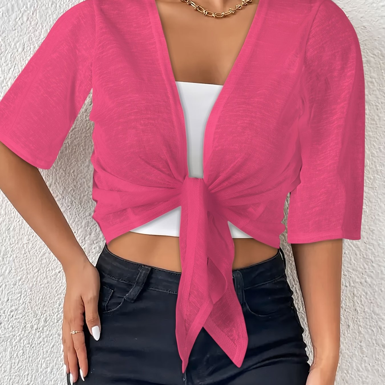 gbolsos Semi-sheer Knot Front Crop Cardigan, Casual Half Sleeve Knitted Top, Women's Clothing