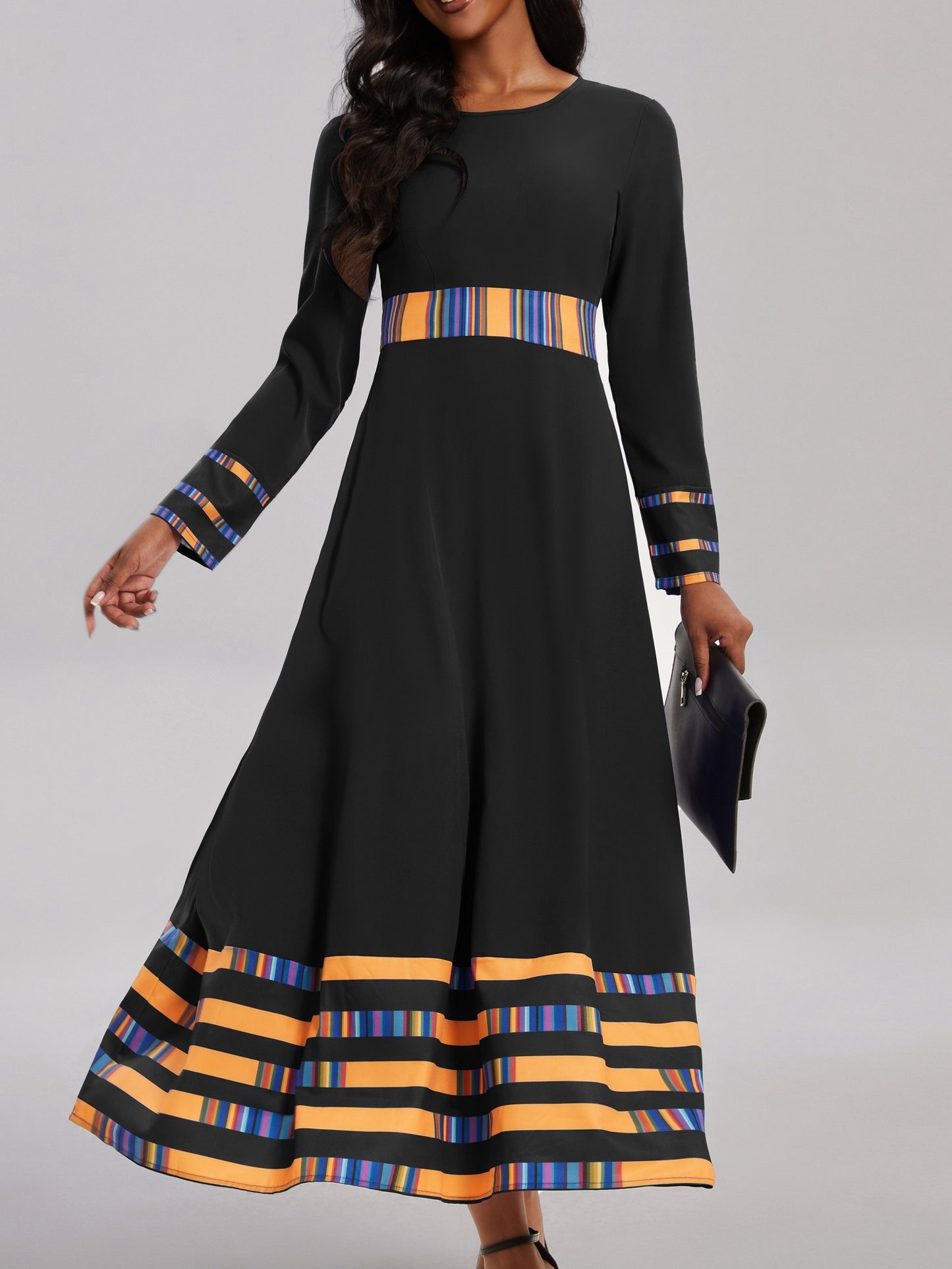 gbolsos Striped & Color Block Ankle Dress, Casual Crew Neck Long Sleeve Dress, Women's Clothing
