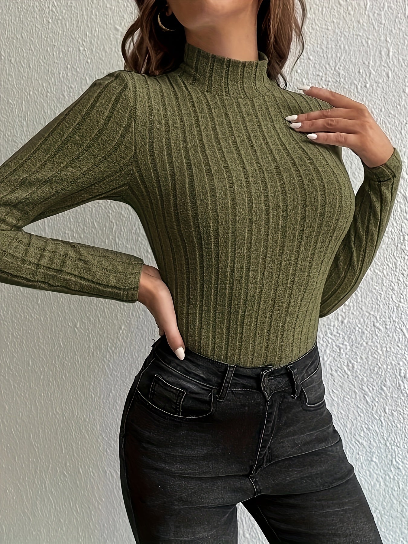 gbolsos Solid Turtleneck Knit Top, Elegant Slim Long Sleeve Sweater For Spring & Fall, Women's Clothing