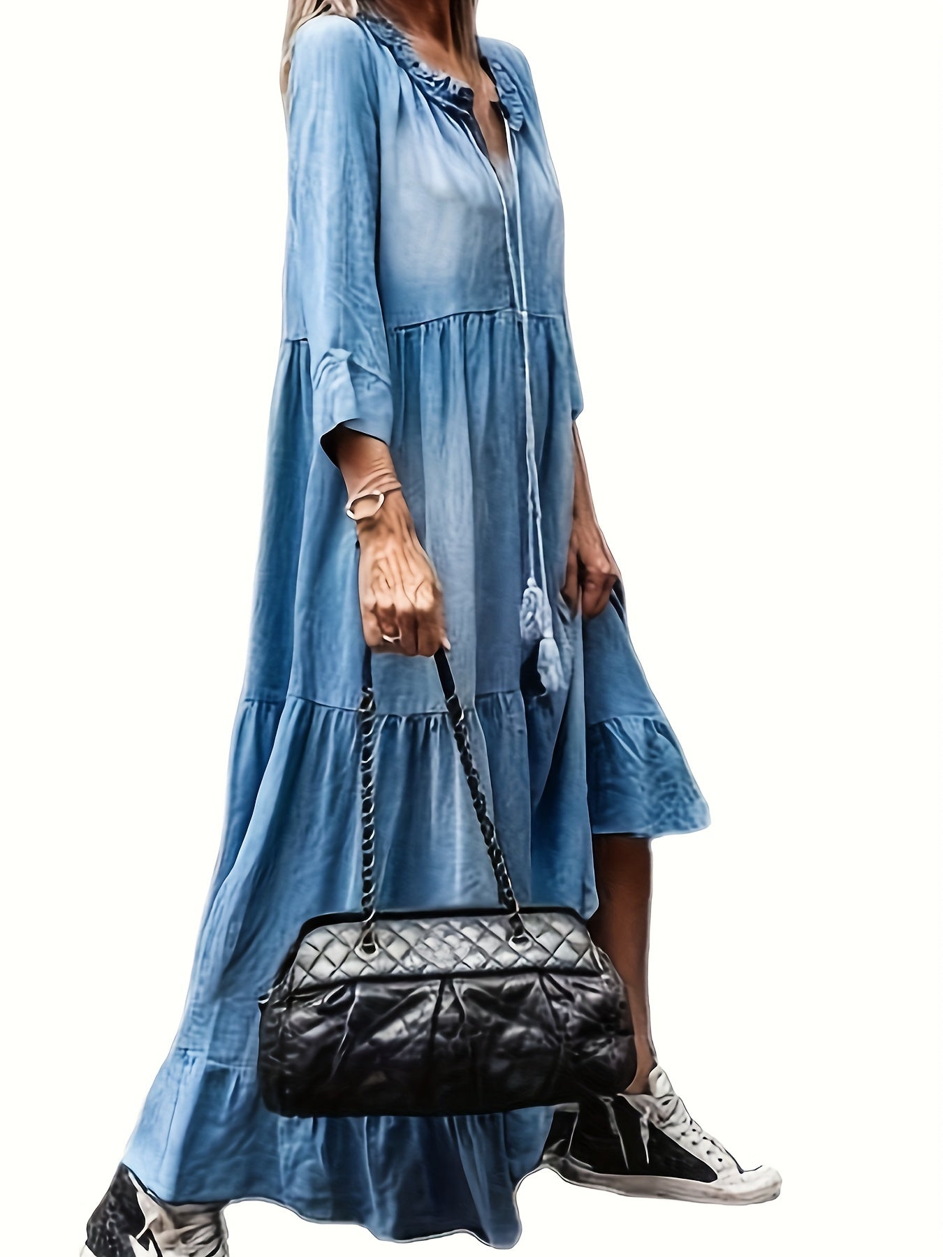 gbolsos Blue Long Sleeves Denim Dress, Loose Fit Lettuce Trim V Neck Ruffle Denim Dress, Women's Denim Clothing